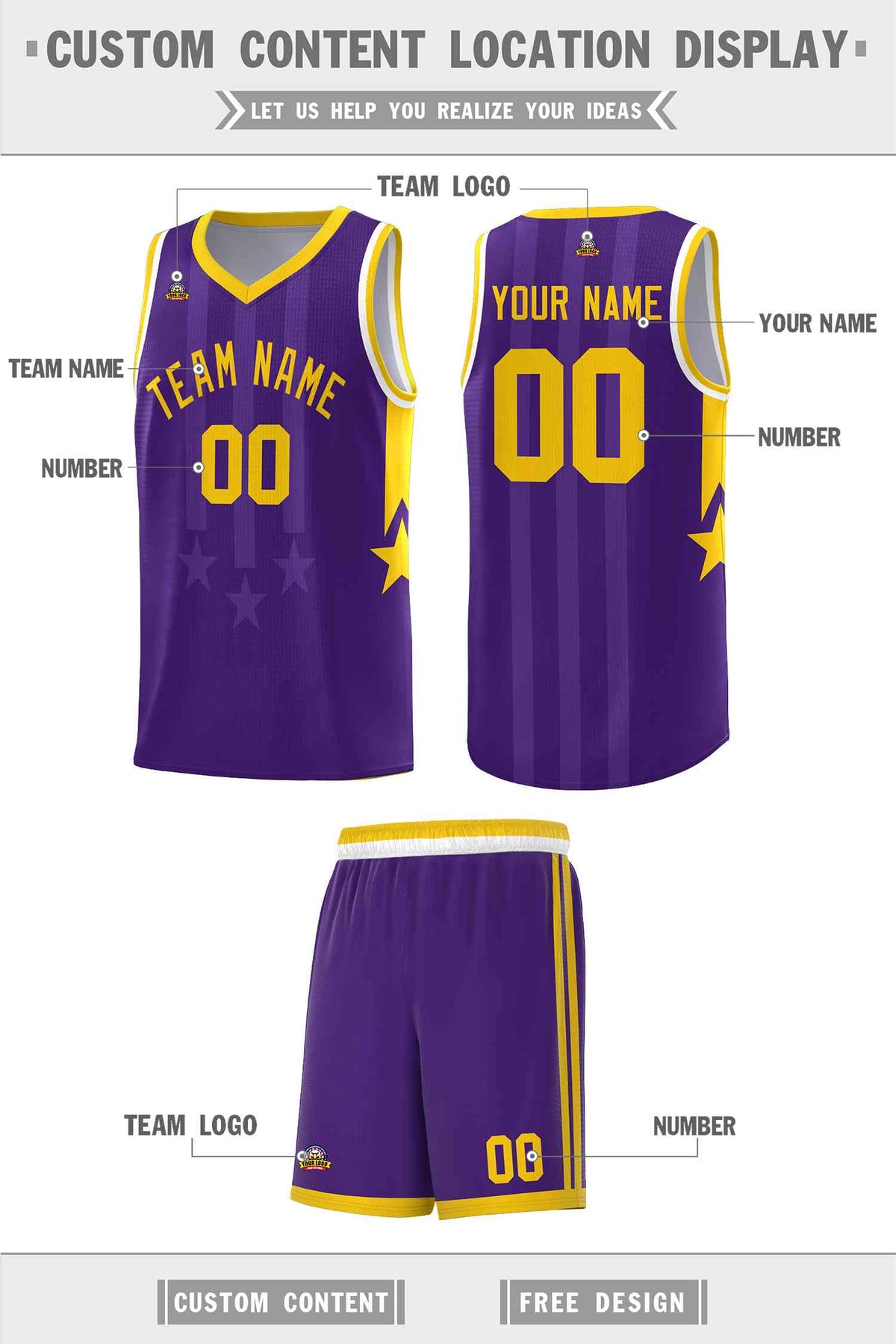 Custom Purple Gold and White Gradient Star Graffiti Pattern Sports Uniform Basketball Jersey