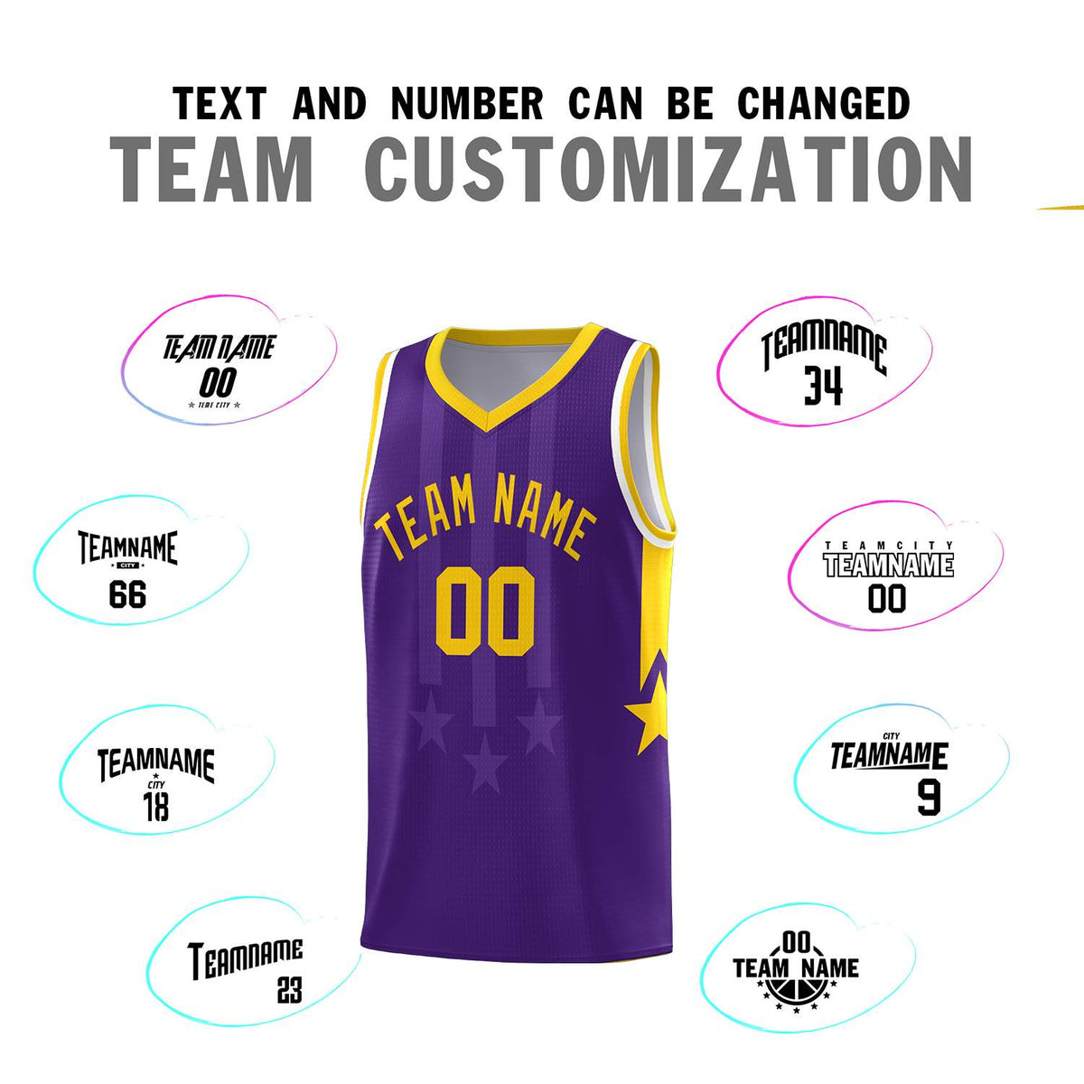 Custom Purple Gold and White Gradient Star Graffiti Pattern Sports Uniform Basketball Jersey