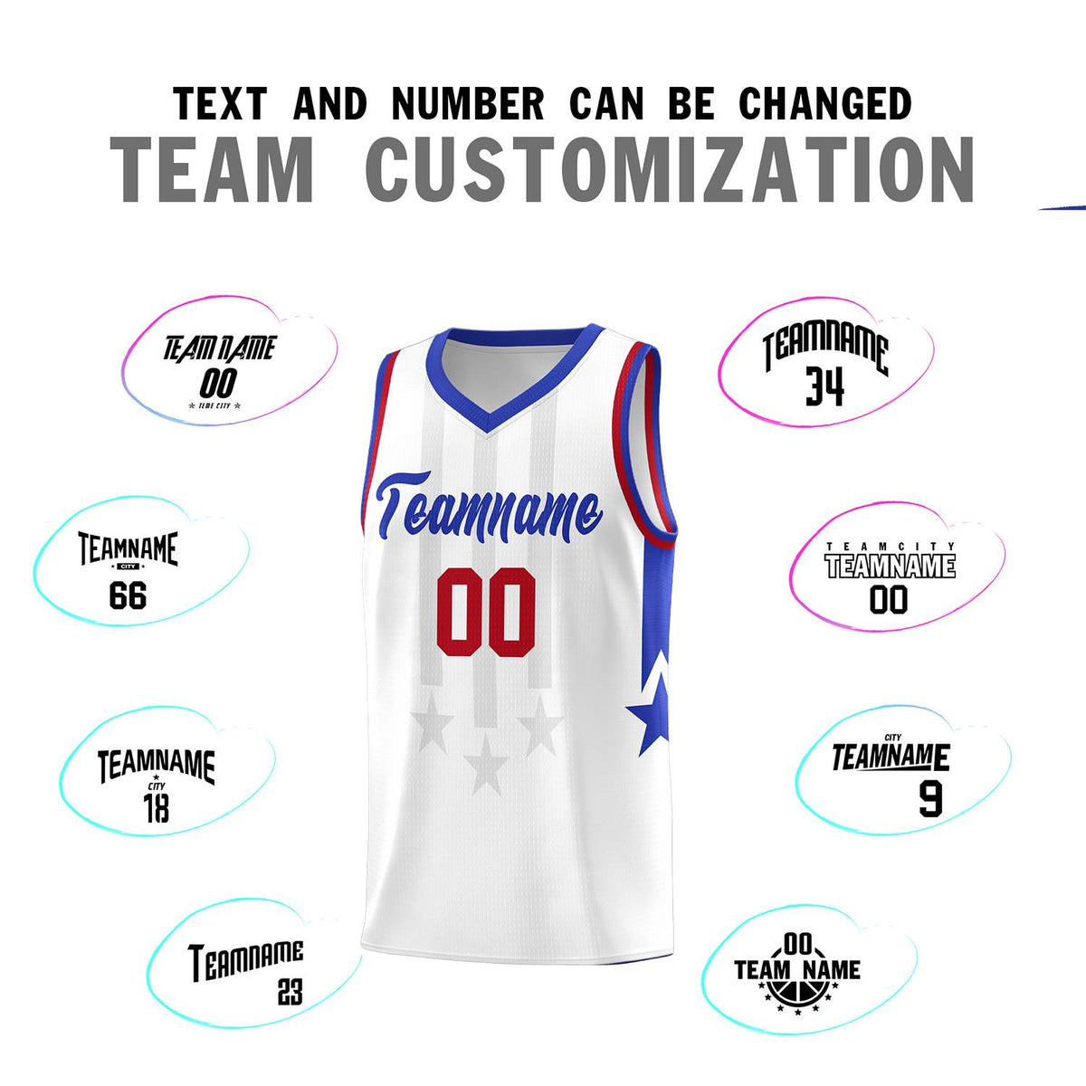 Custom White Royal and Red Gradient Star Graffiti Pattern Sports Uniform Basketball Jersey