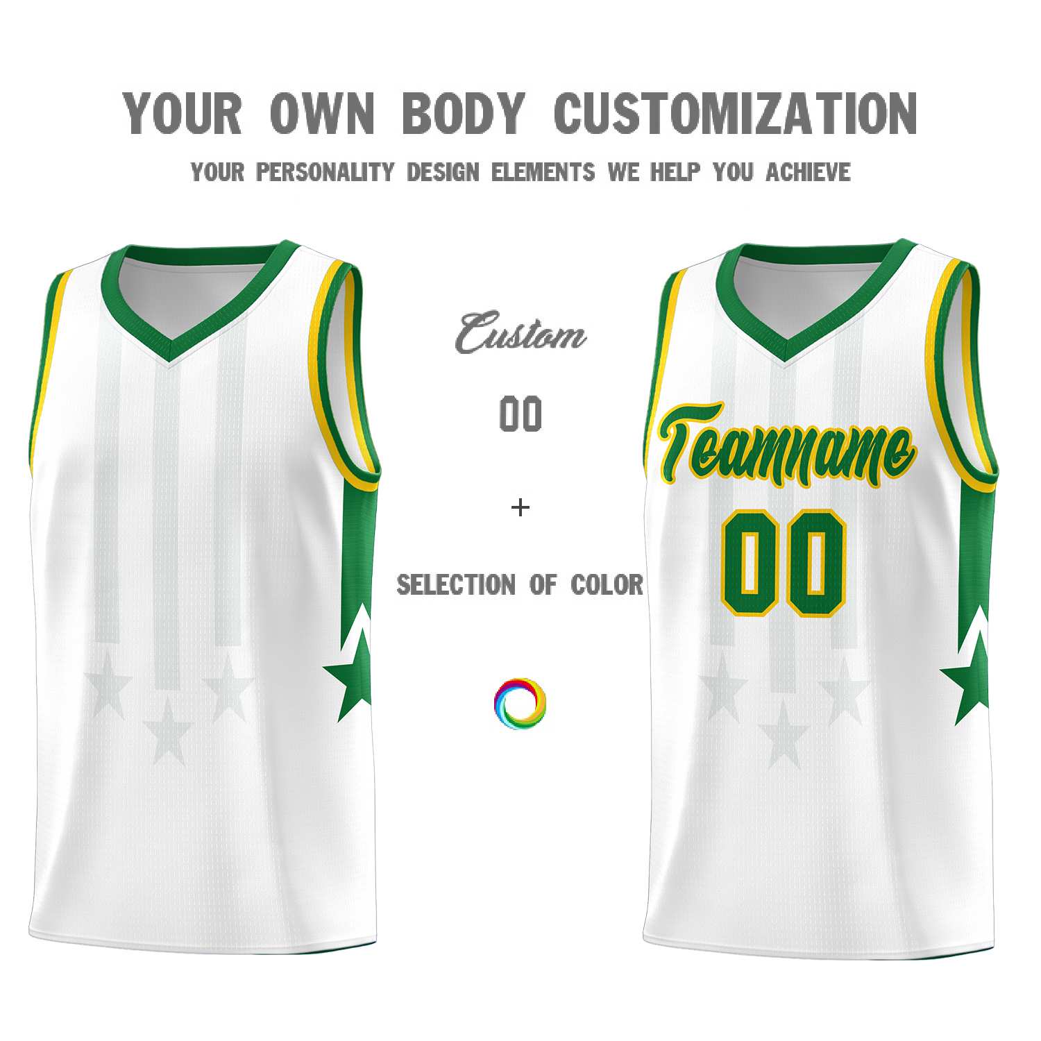 Custom White Kelly Green and Gold Gradient Star Graffiti Pattern Sports Uniform Basketball Jersey