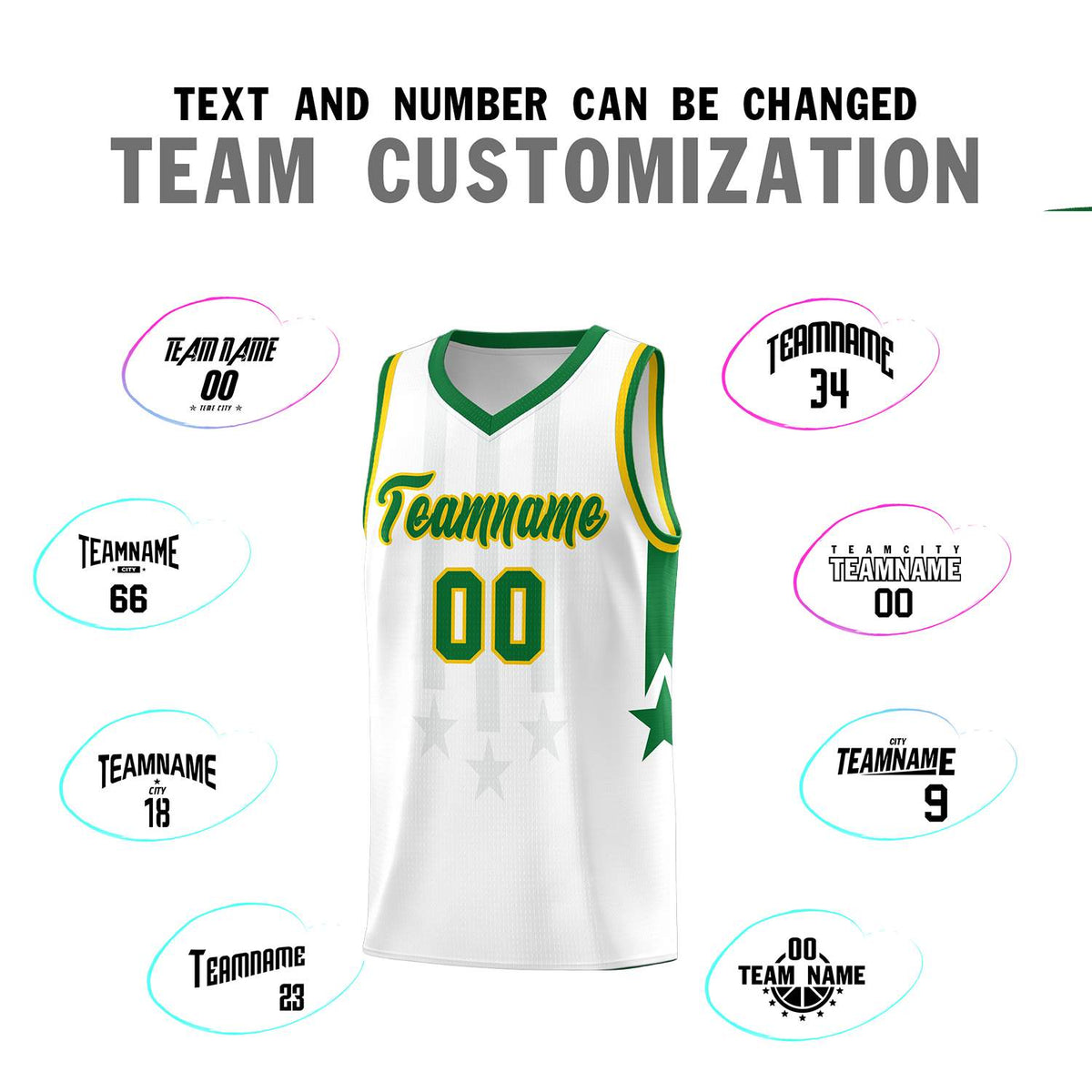 Custom White Kelly Green and Gold Gradient Star Graffiti Pattern Sports Uniform Basketball Jersey