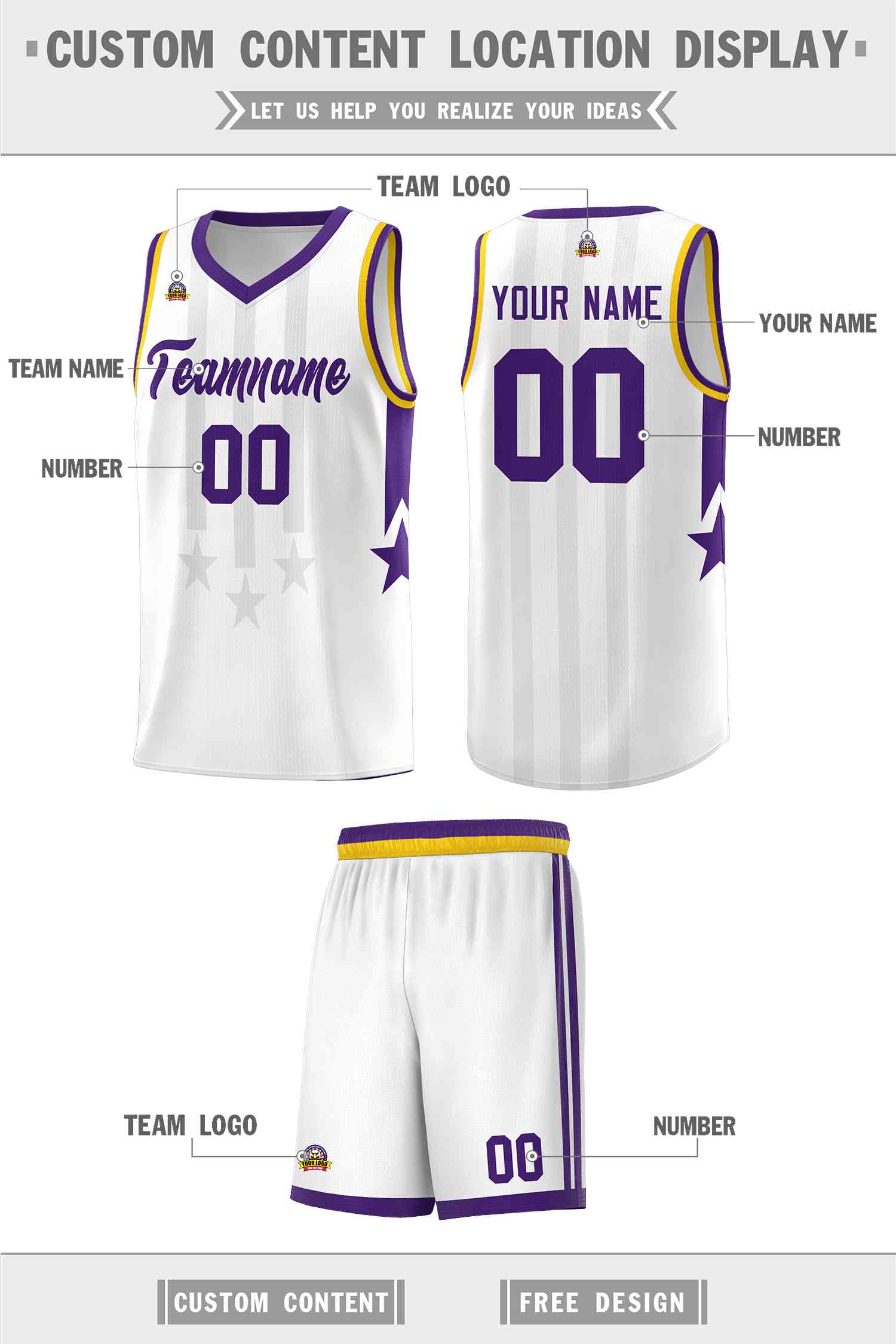Custom White Purple and Gold Gradient Star Graffiti Pattern Sports Uniform Basketball Jersey