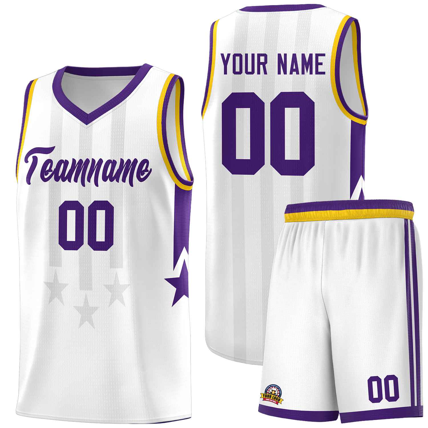 Custom White Purple and Gold Gradient Star Graffiti Pattern Sports Uniform Basketball Jersey