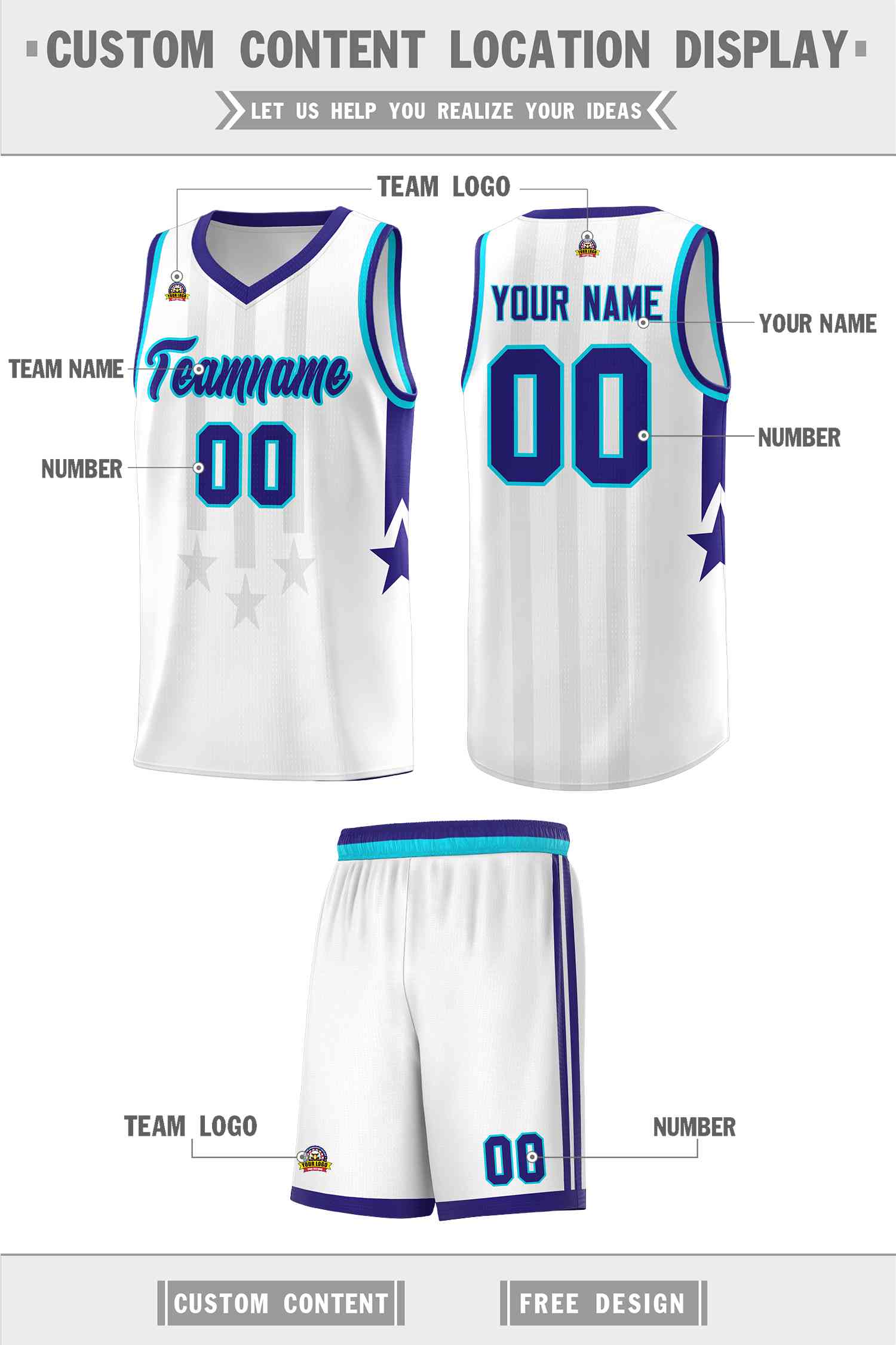 Custom White Purple and Sky Blue Gradient Star Graffiti Pattern Sports Uniform Basketball Jersey