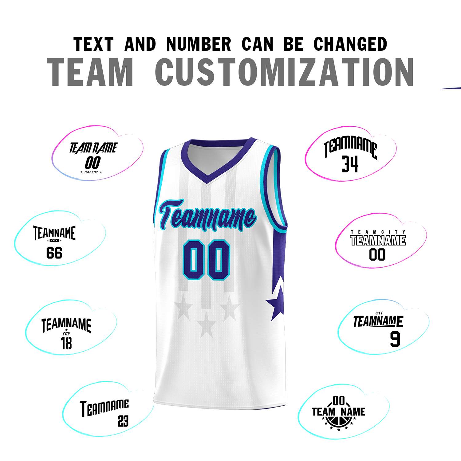 Custom White Purple and Sky Blue Gradient Star Graffiti Pattern Sports Uniform Basketball Jersey