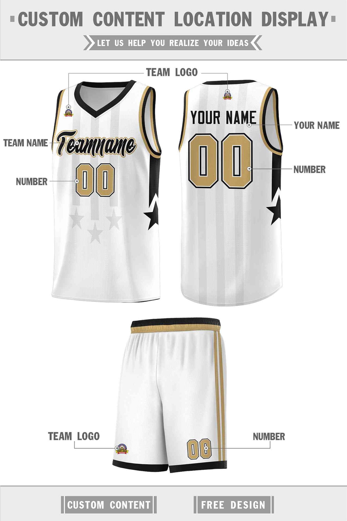 Custom White Black and Old Gold Gradient Star Graffiti Pattern Sports Uniform Basketball Jersey