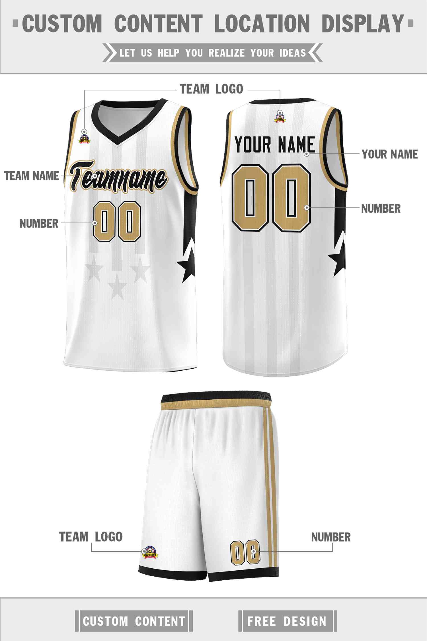 Custom White Black and Old Gold Gradient Star Graffiti Pattern Sports Uniform Basketball Jersey