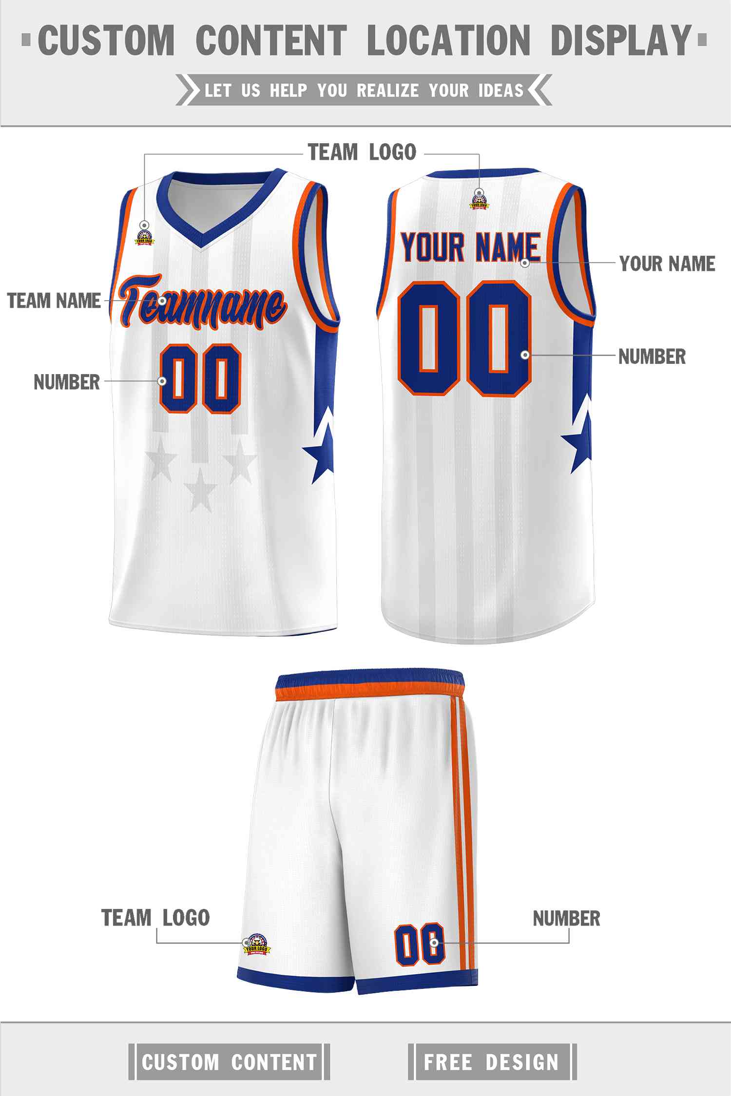Custom White Royal and Orange Gradient Star Graffiti Pattern Sports Uniform Basketball Jersey