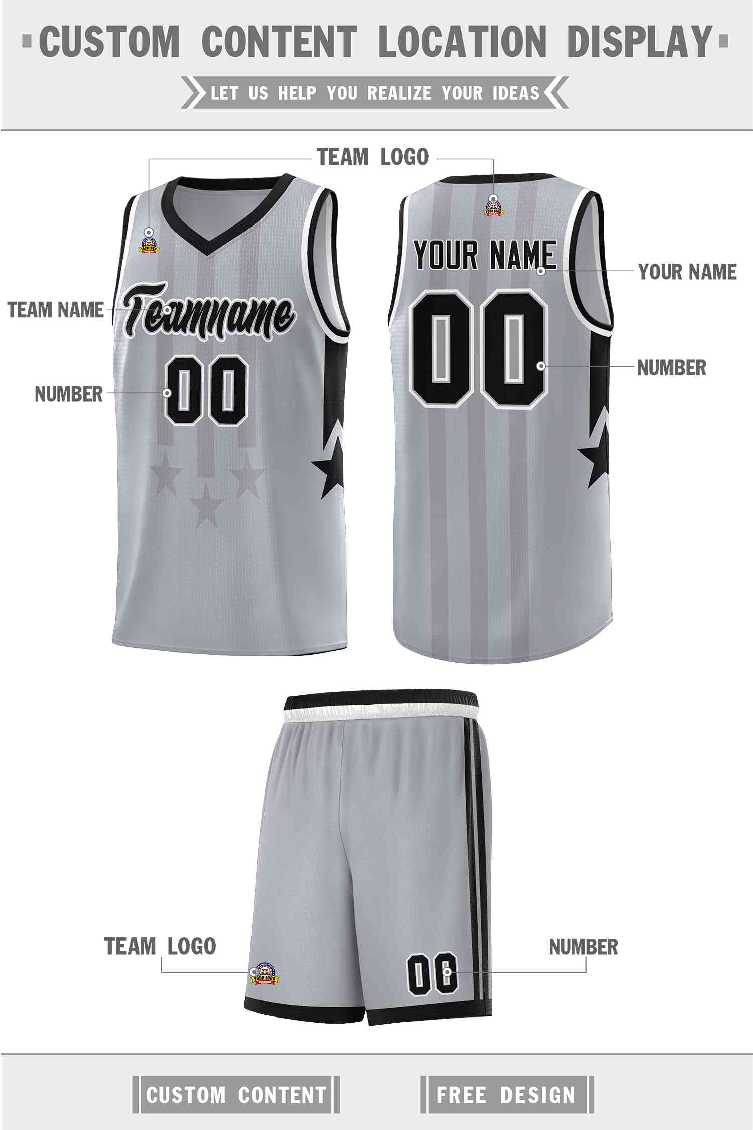 Custom Gray Black and White Gradient Star Graffiti Pattern Sports Uniform Basketball Jersey