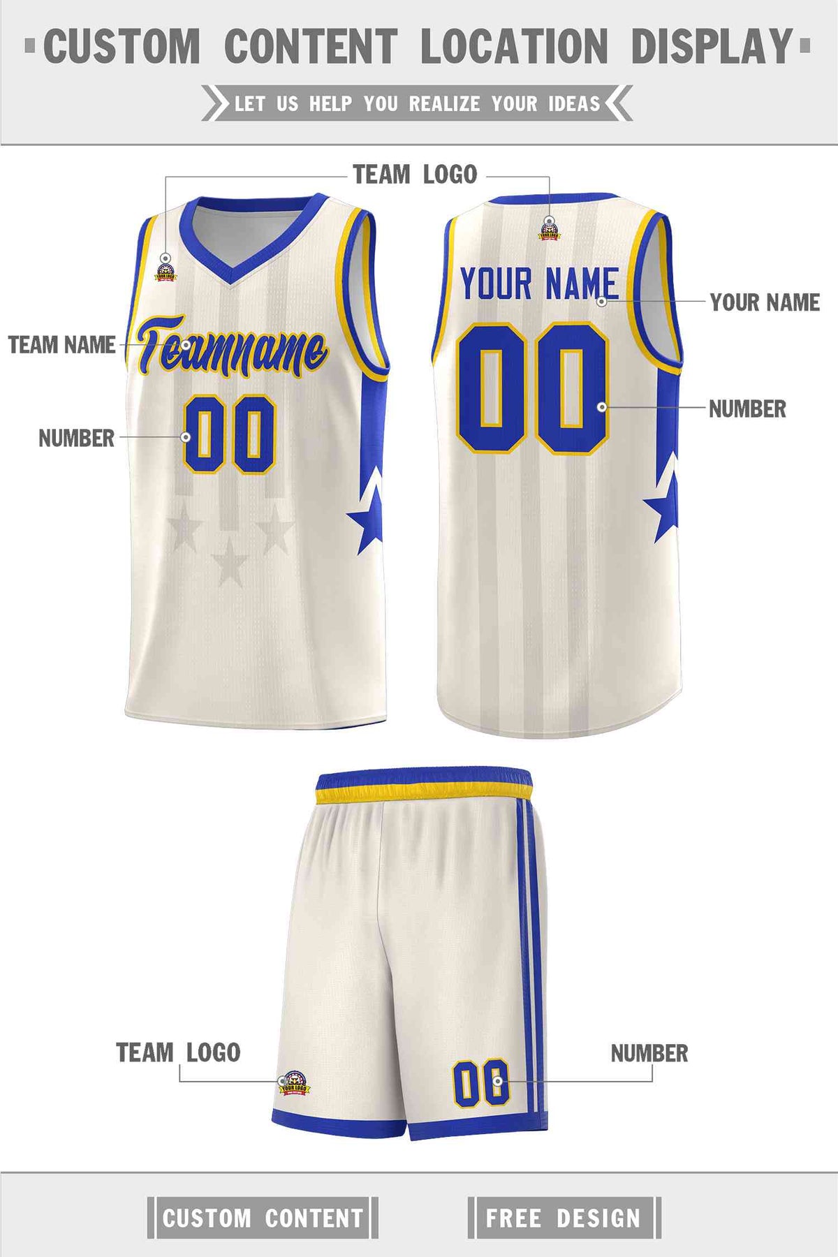 Custom Cream Royal and Gold Gradient Star Graffiti Pattern Sports Uniform Basketball Jersey