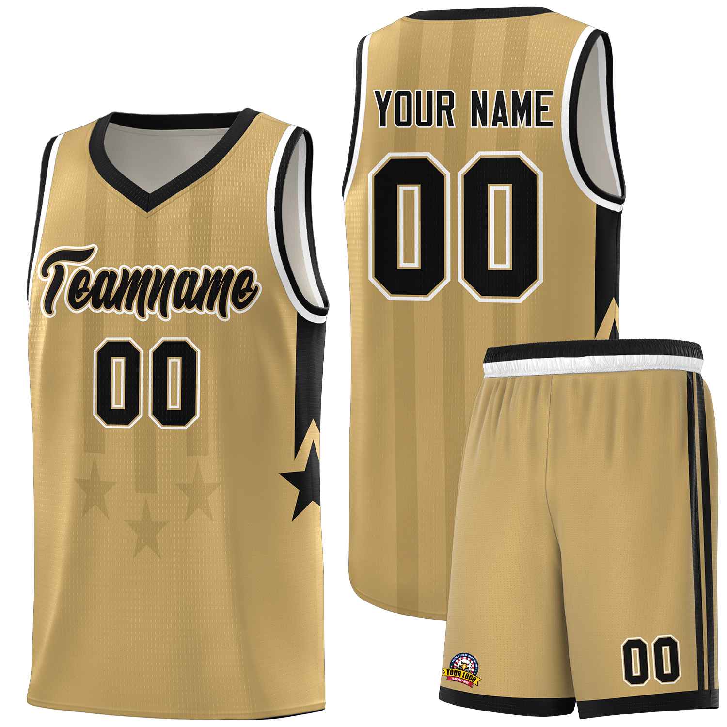 Custom Old Gold Black and White Gradient Star Graffiti Pattern Sports Uniform Basketball Jersey