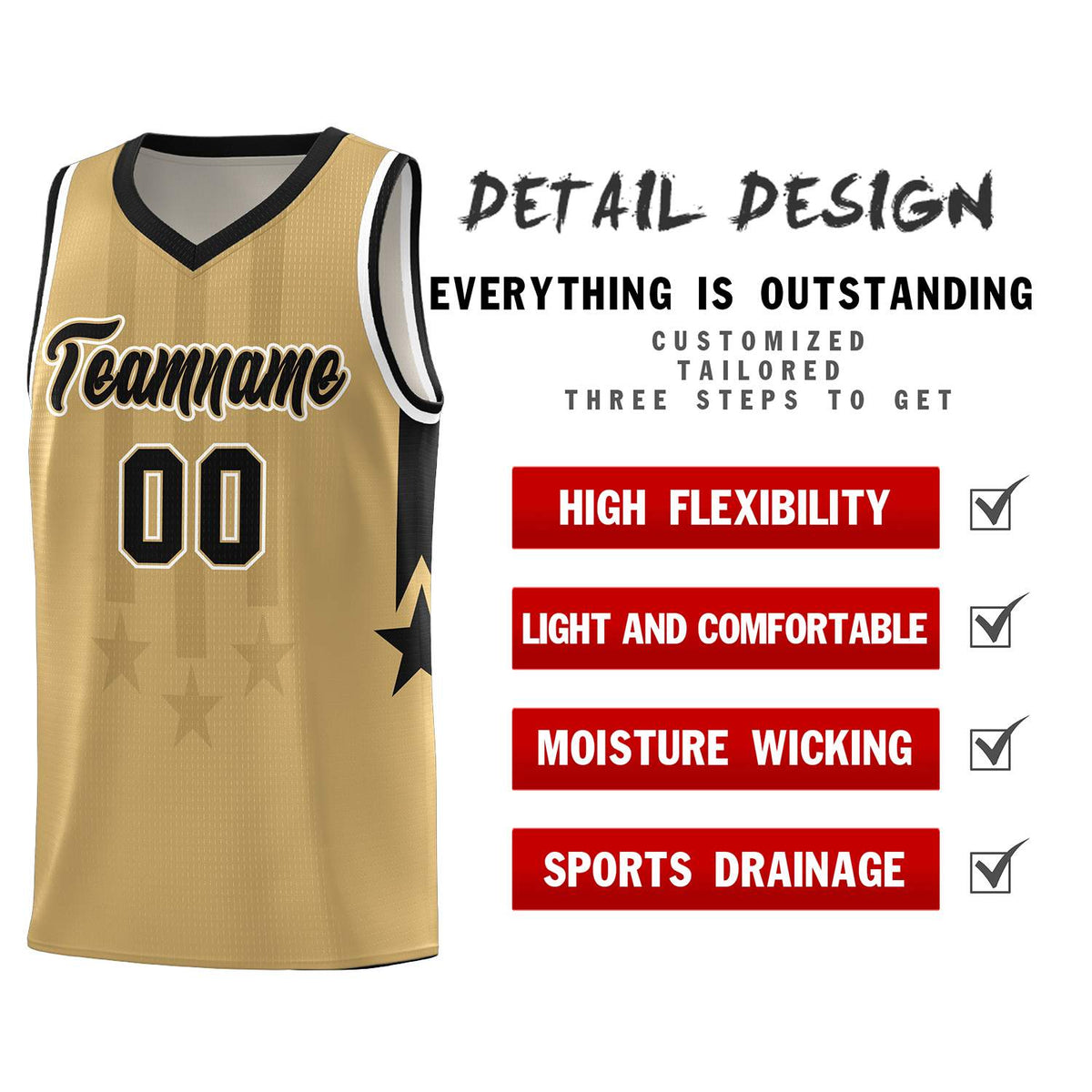 Custom Old Gold Black and White Gradient Star Graffiti Pattern Sports Uniform Basketball Jersey