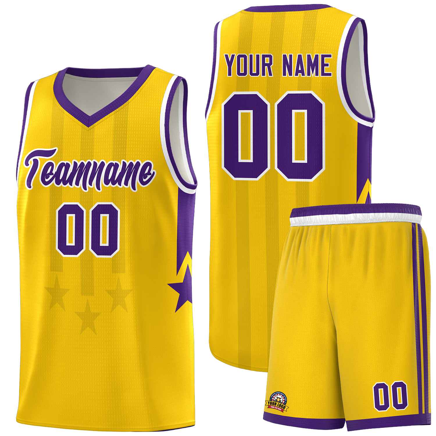 Custom Gold Purple and White Gradient Star Graffiti Pattern Sports Uniform Basketball Jersey