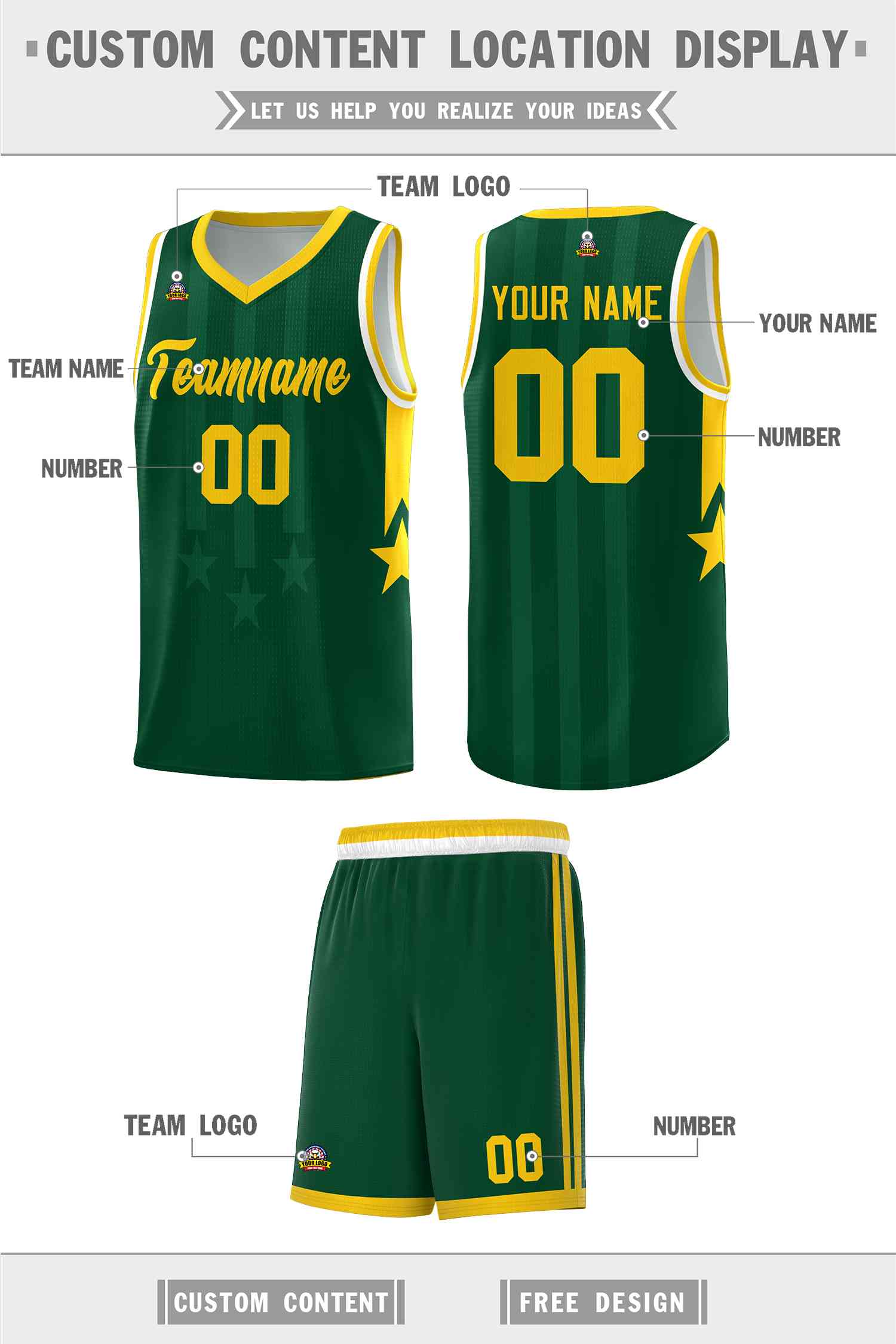 Custom Green Gold and White Gradient Star Graffiti Pattern Sports Uniform Basketball Jersey