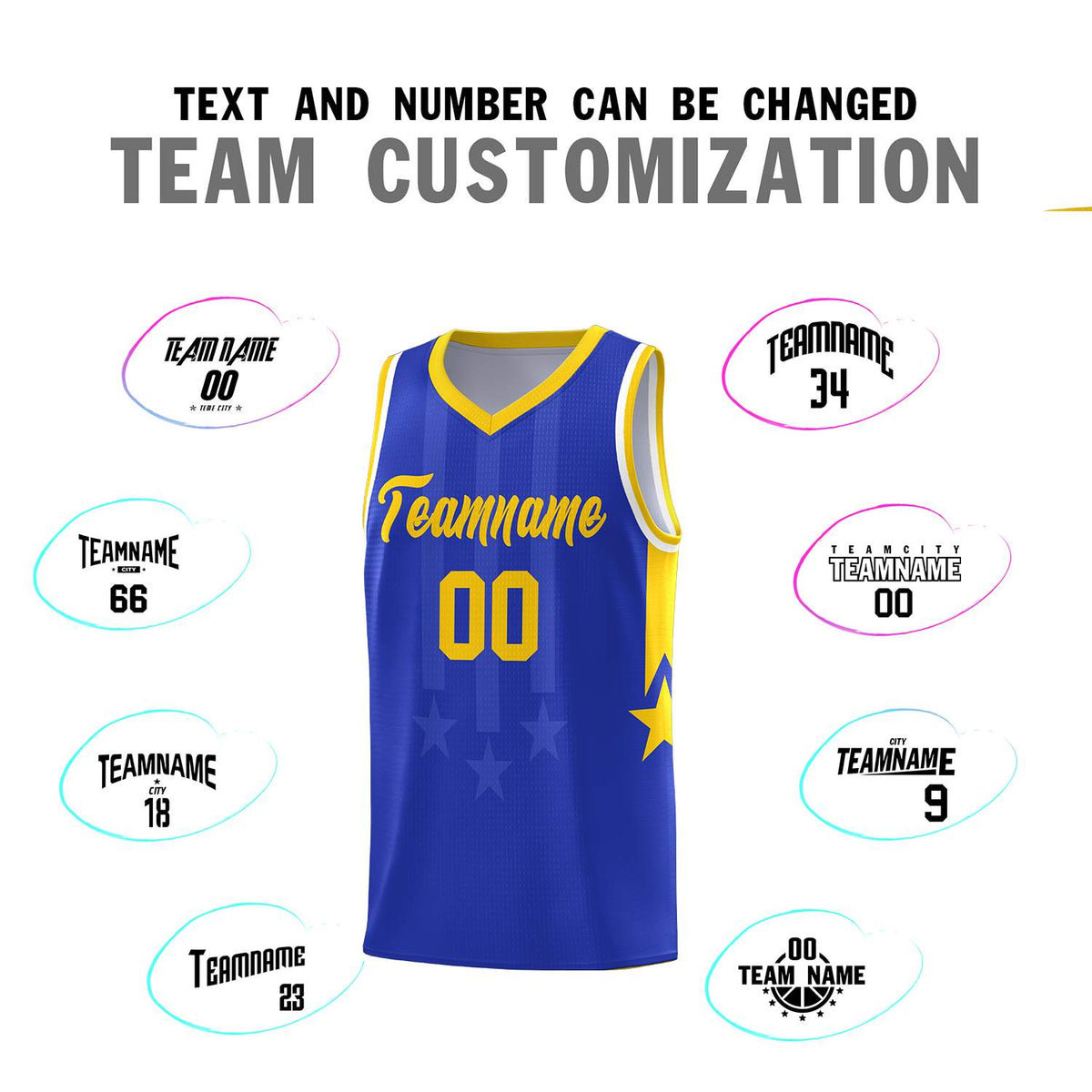 Custom Royal Gold and White Gradient Star Graffiti Pattern Sports Uniform Basketball Jersey