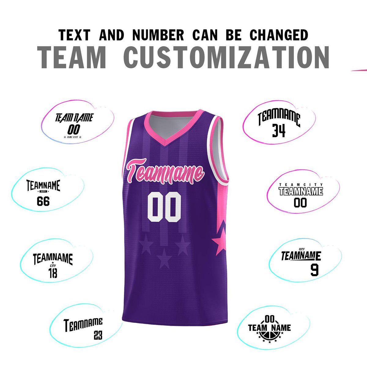 Custom Purple Pink and White Gradient Star Graffiti Pattern Sports Uniform Basketball Jersey