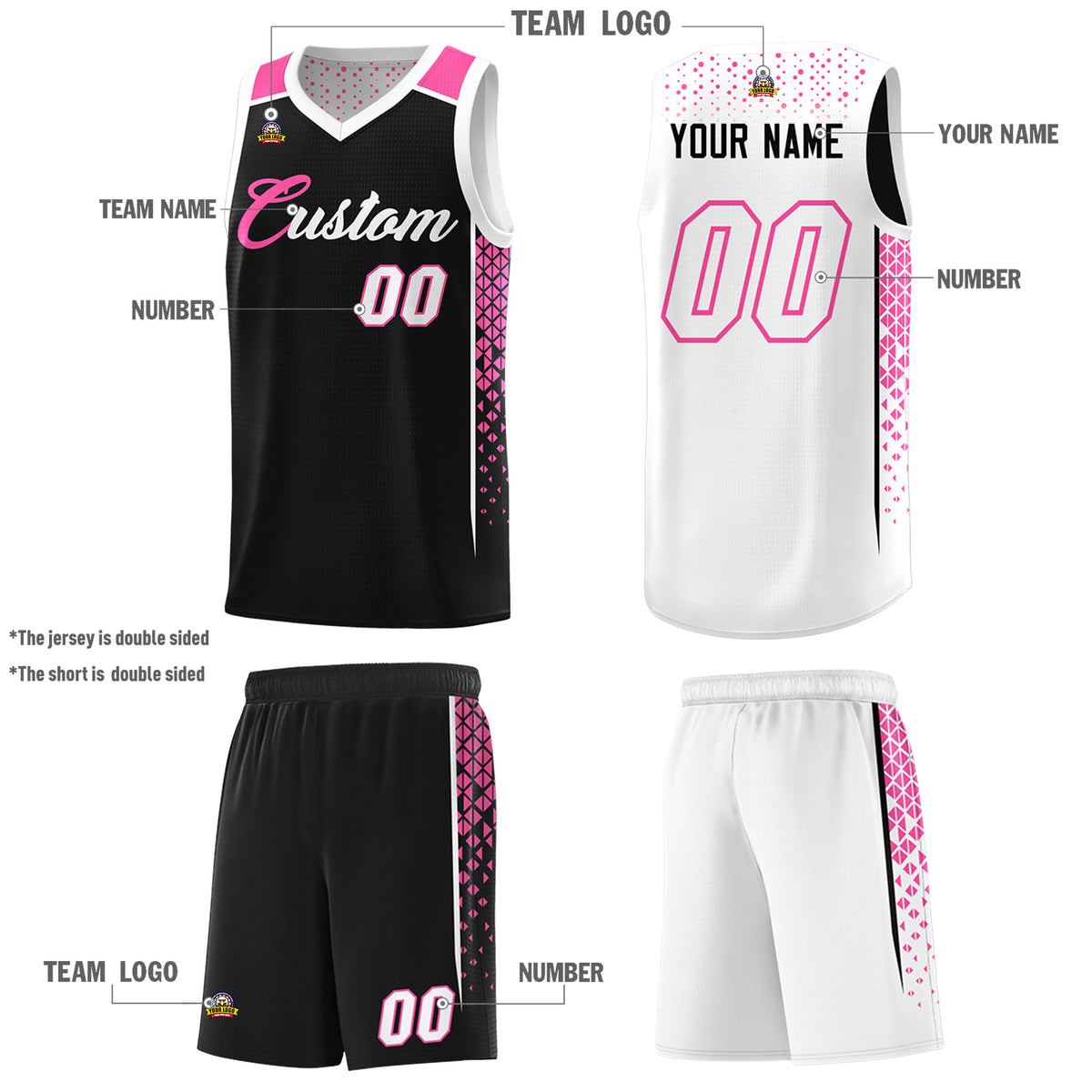 Custom Black White Side Gradient Patttern Double Side Sports Uniform Basketball Jersey