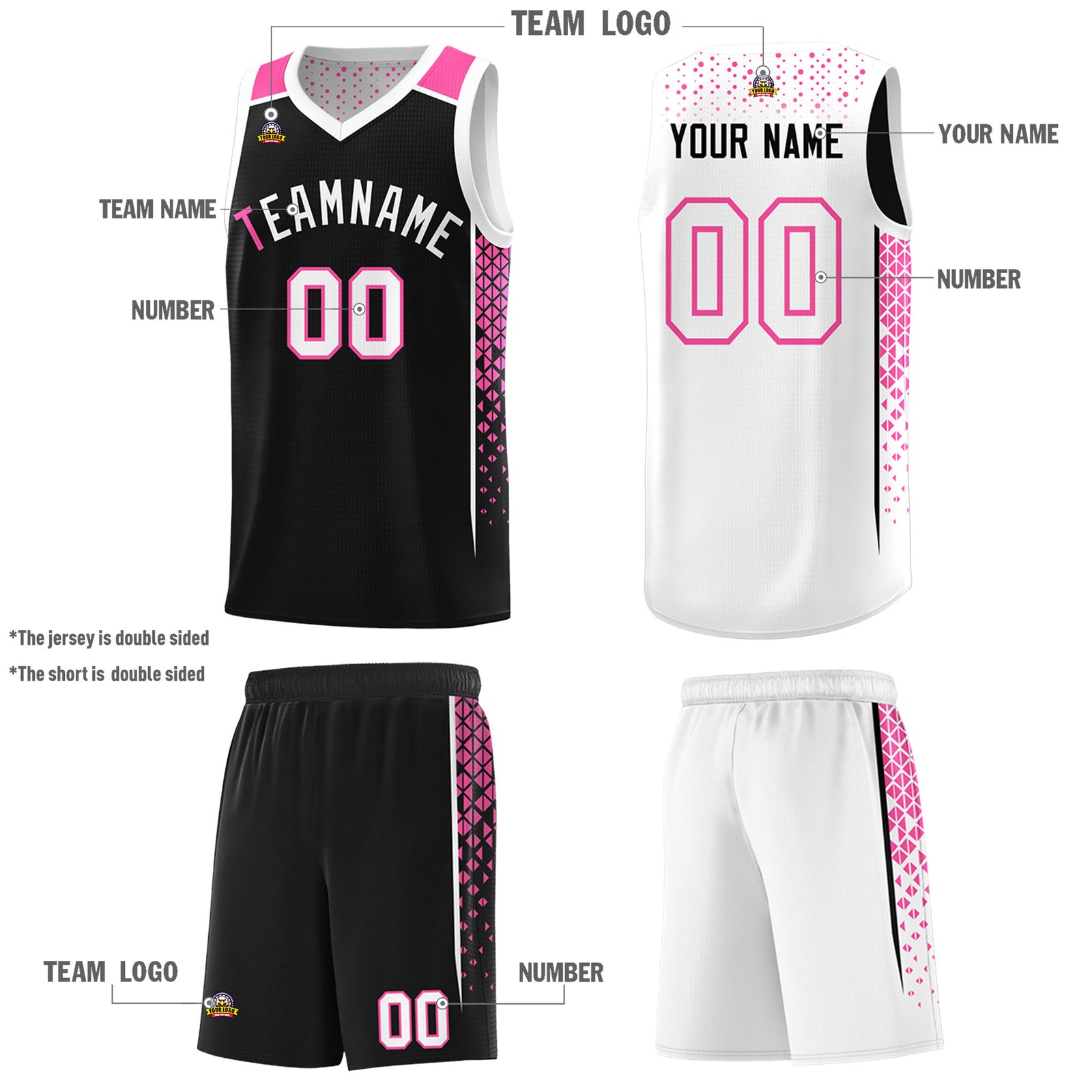 Custom Black White Side Gradient Patttern Double Side Sports Uniform Basketball Jersey