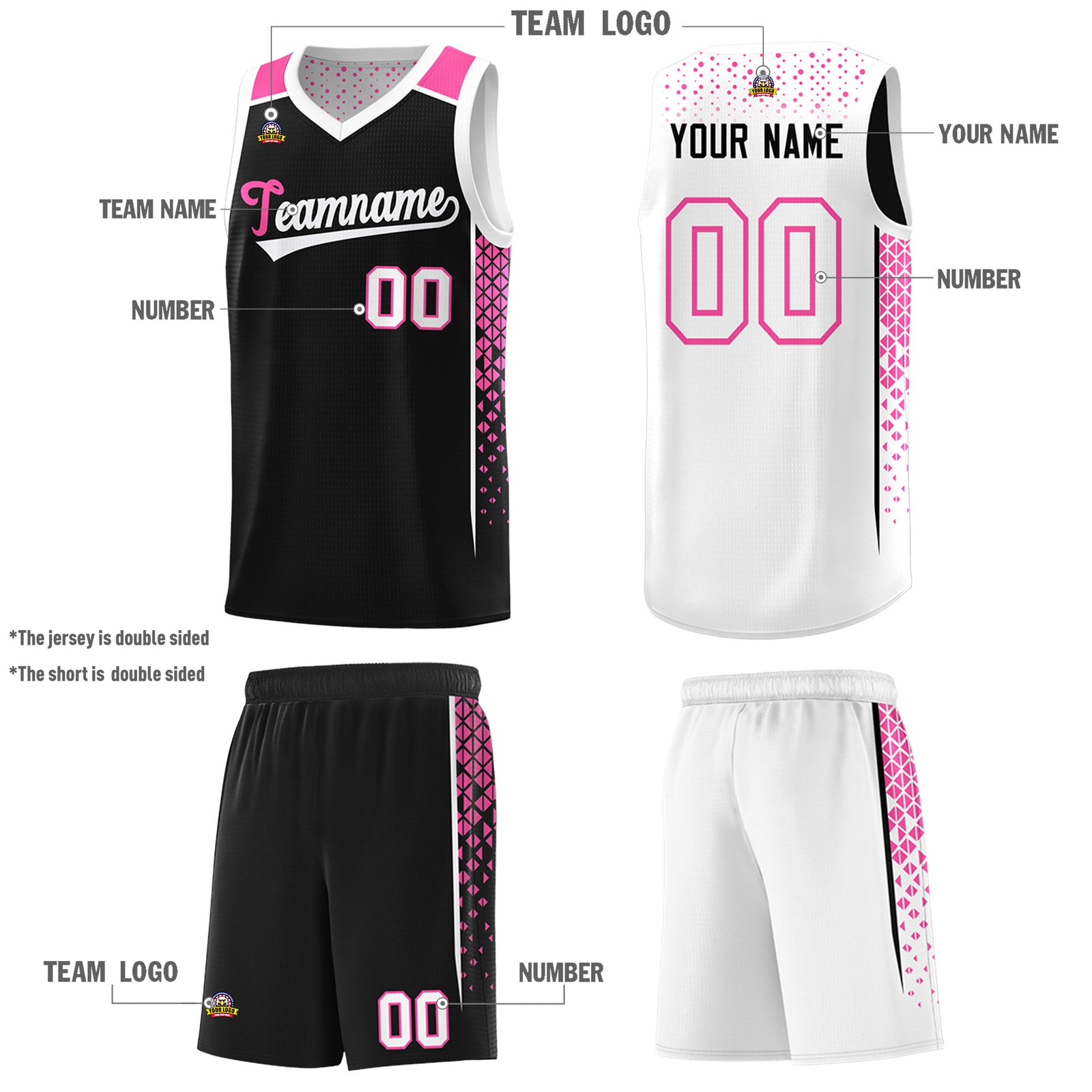 Custom Black White Side Gradient Patttern Double Side Sports Uniform Basketball Jersey