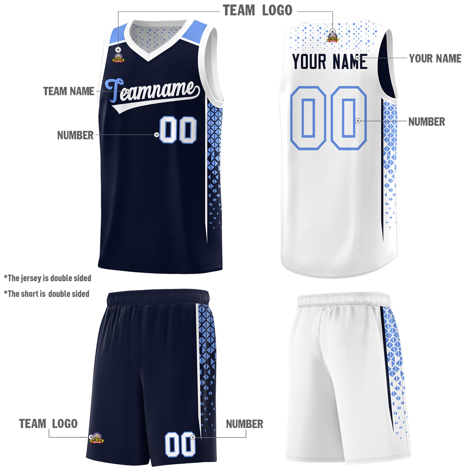 Custom Navy White Side Gradient Patttern Double Side Sports Uniform Basketball Jersey