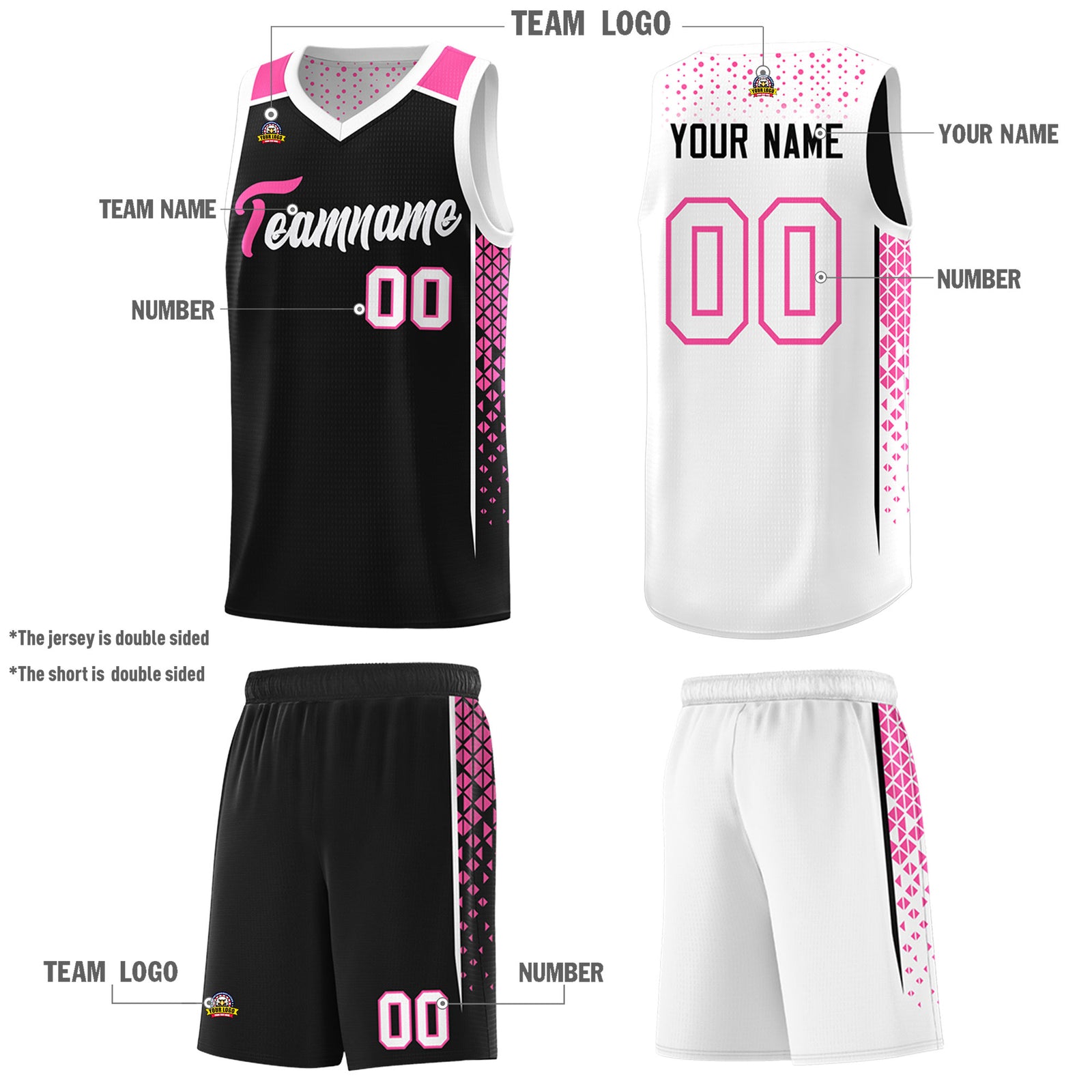 Custom Black White Side Gradient Patttern Double Side Sports Uniform Basketball Jersey