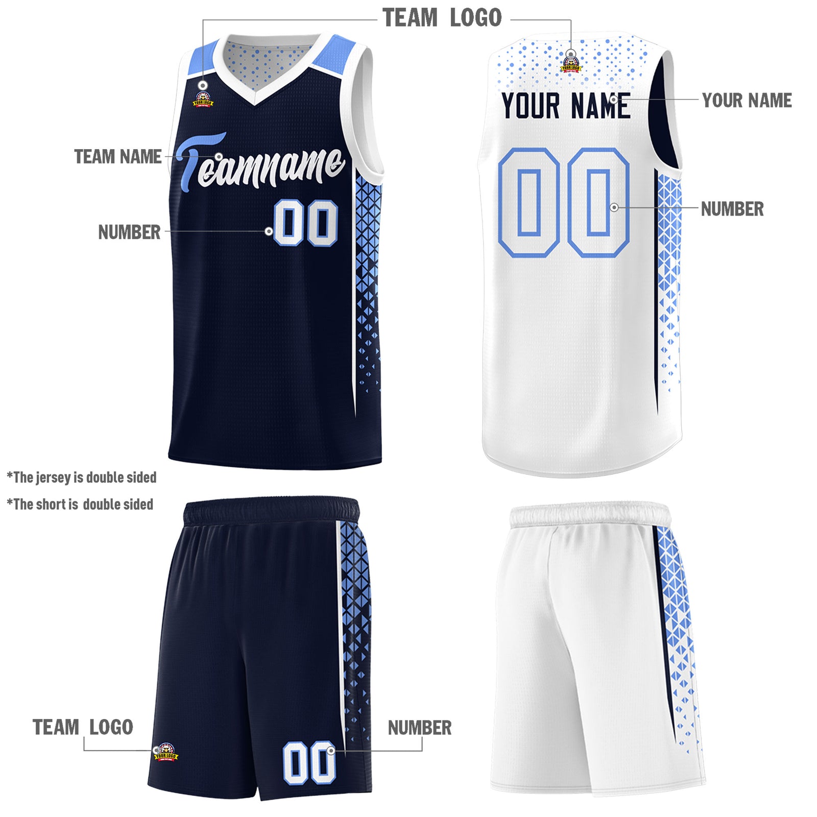 Custom Navy White Side Gradient Patttern Double Side Sports Uniform Basketball Jersey