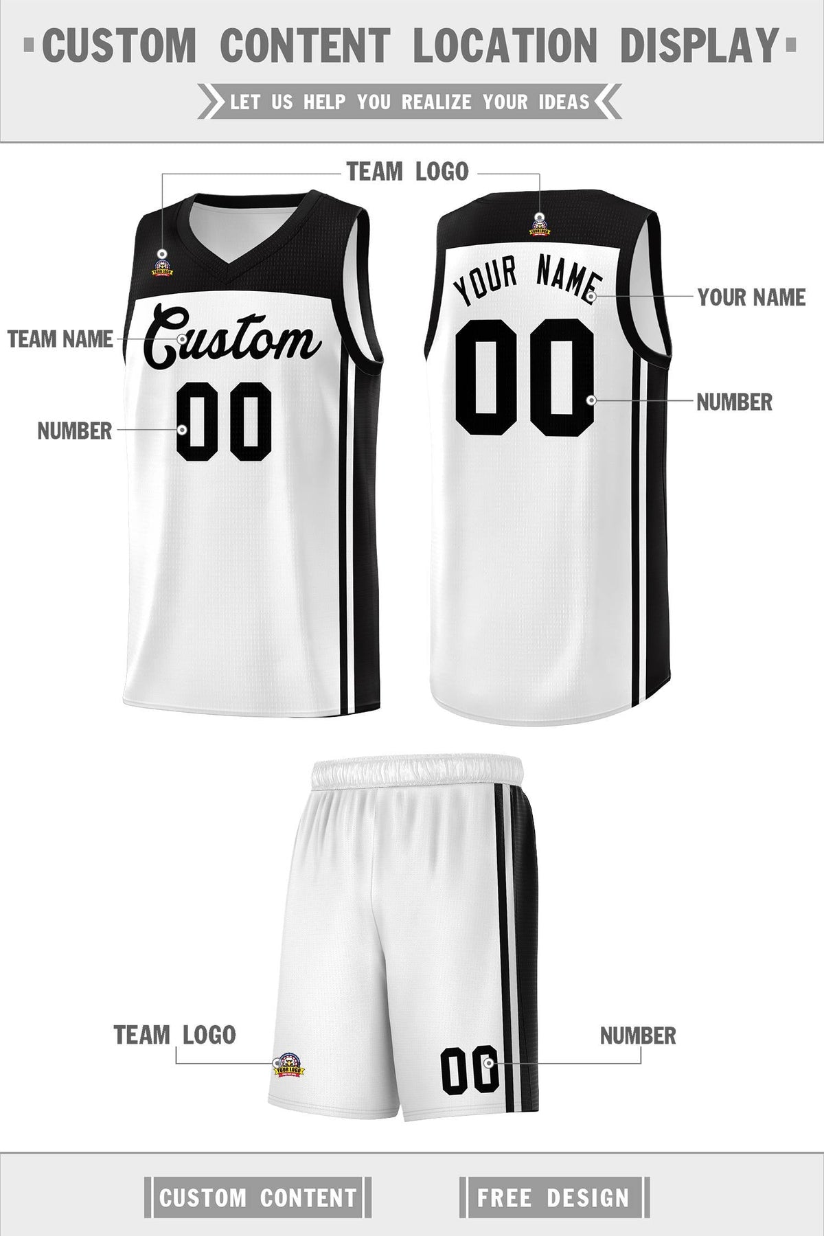 Custom White Black Classic Sets Sports Uniform Basketball Jersey