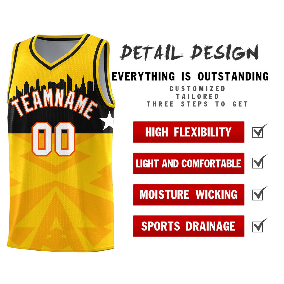 Custom Gold Personalized City Silhouette Pattern Sports Uniform Basketball Jersey