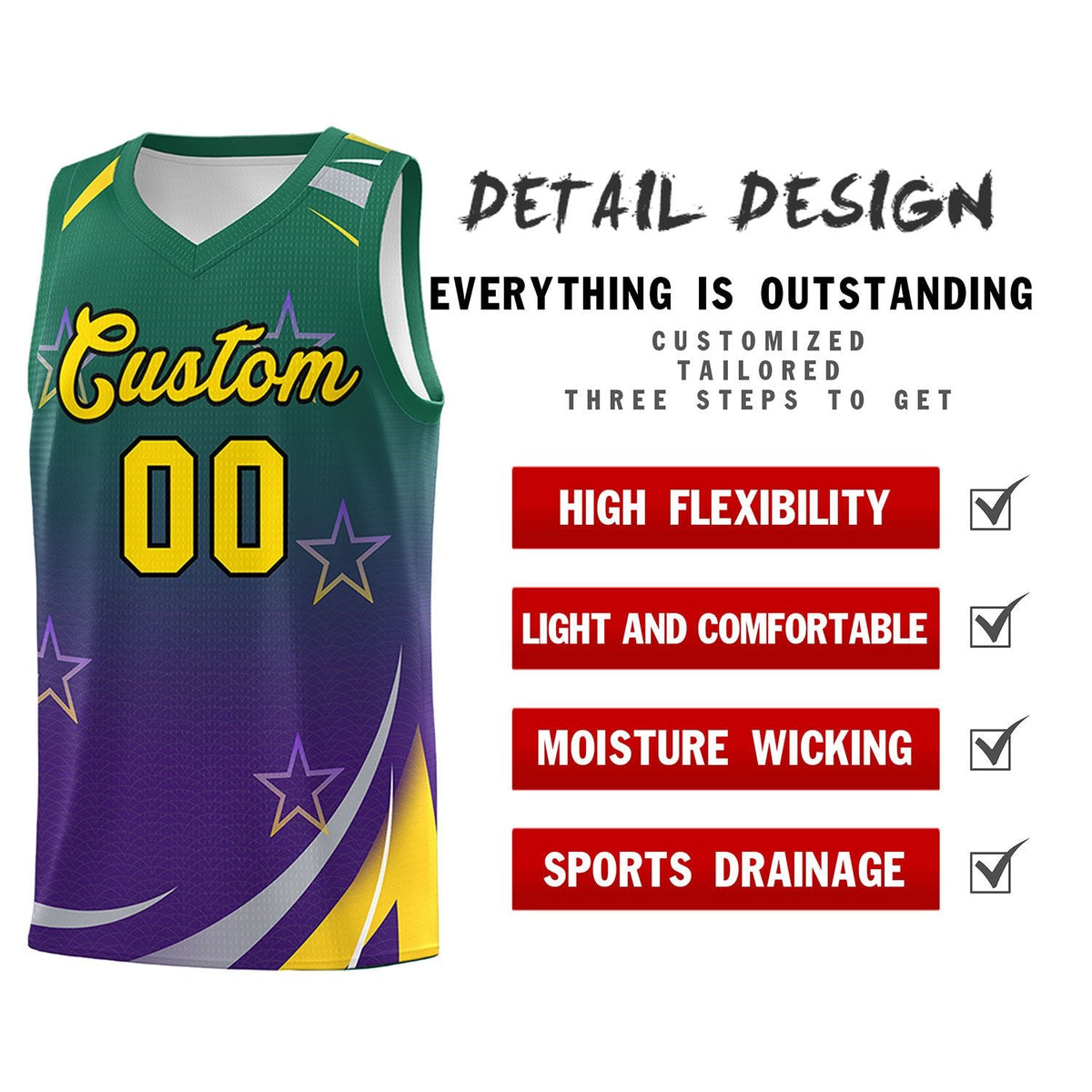 Custom Kelly Green Purple Gradient Star Graffiti Pattern Sports Uniform Basketball Jersey