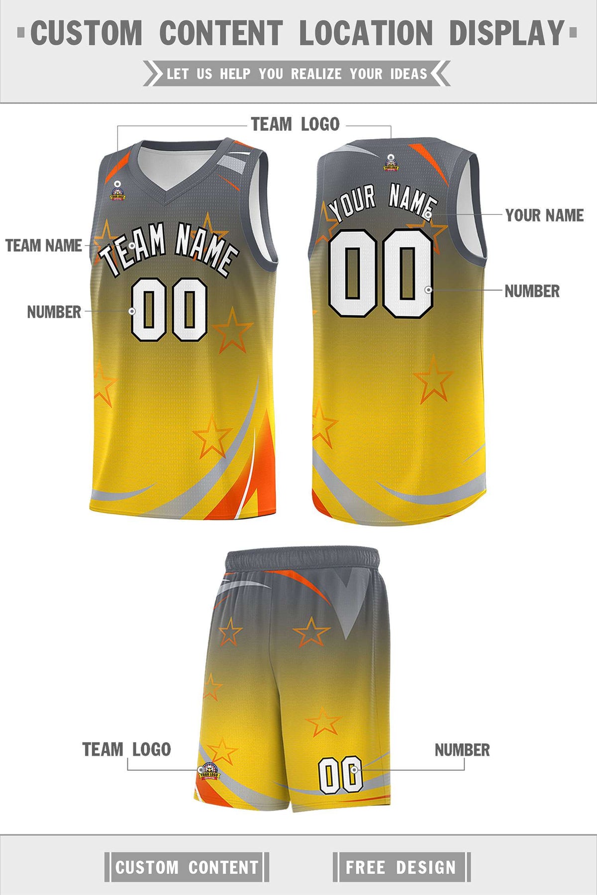 Custom Gray Gold Gradient Star Graffiti Pattern Sports Uniform Basketball Jersey