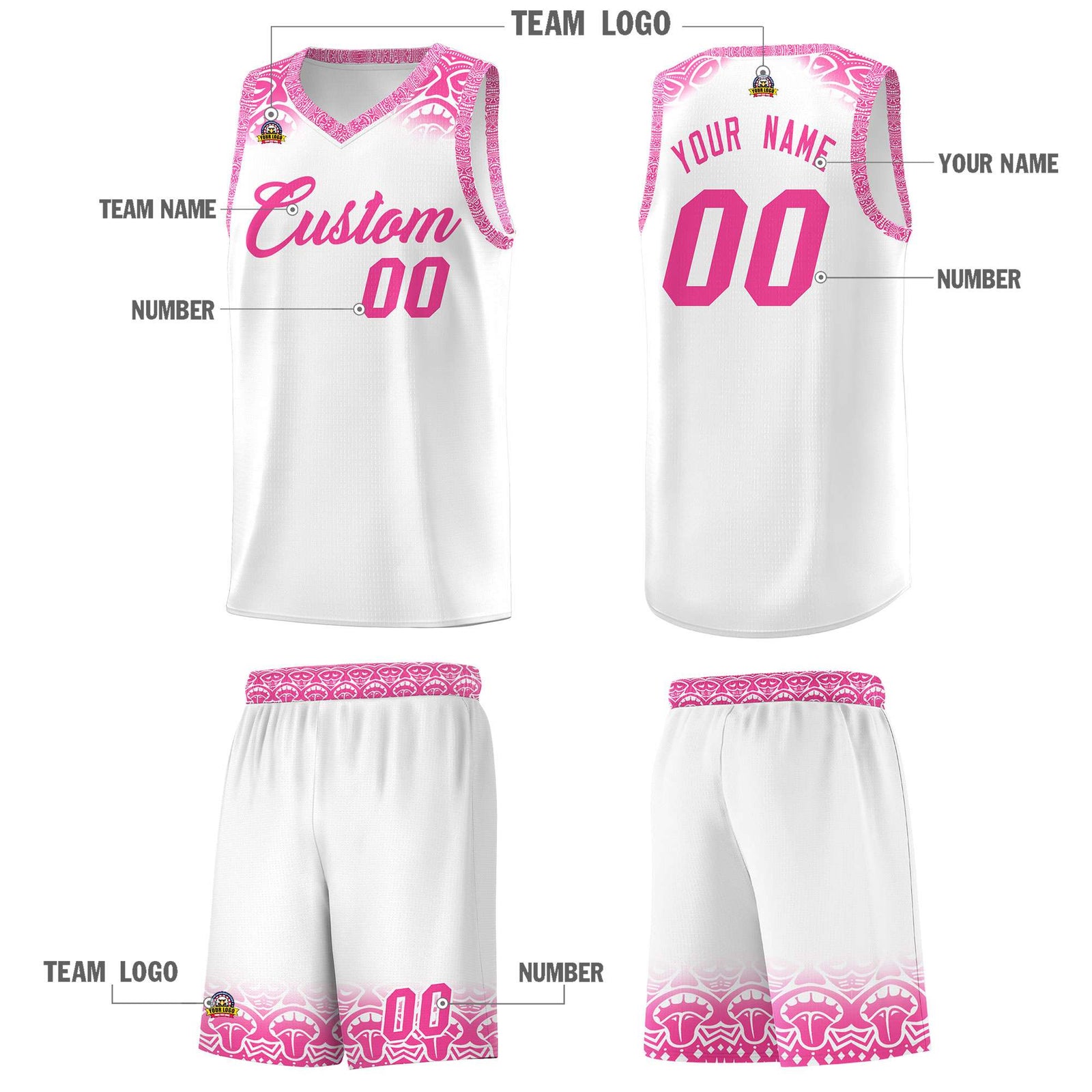 Custom White Pink Personalized Indians Print Sets Sports Uniform Basketball Jersey