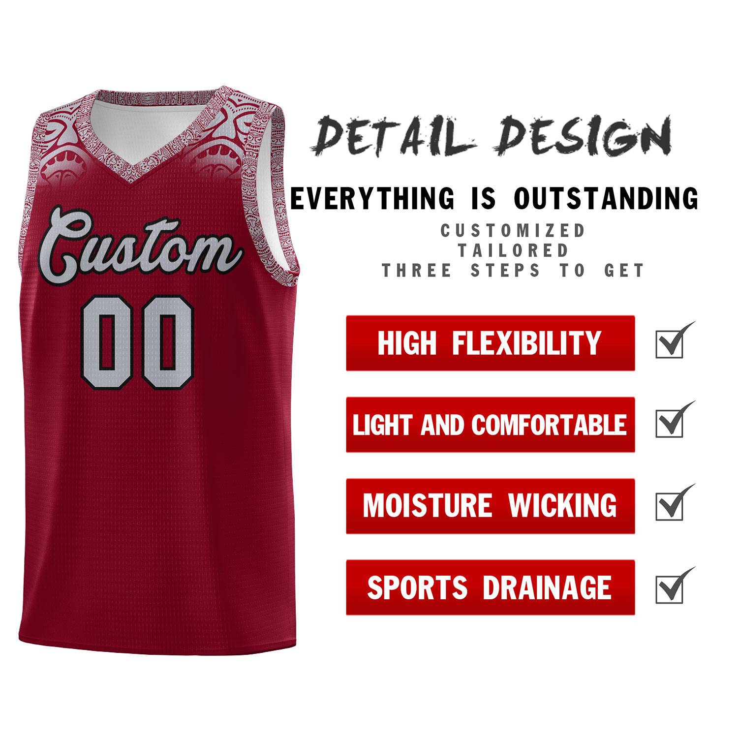Custom Crimson Gray Personalized Indians Print Sets Sports Uniform Basketball Jersey