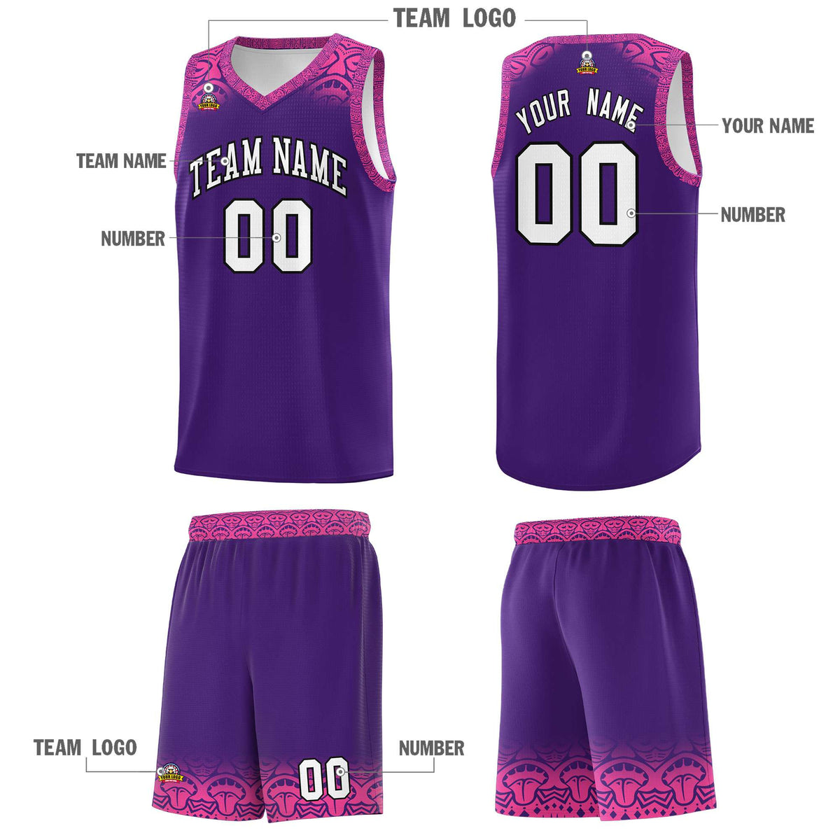 Custom Purple Pink Personalized Indians Print Sets Sports Uniform Basketball Jersey