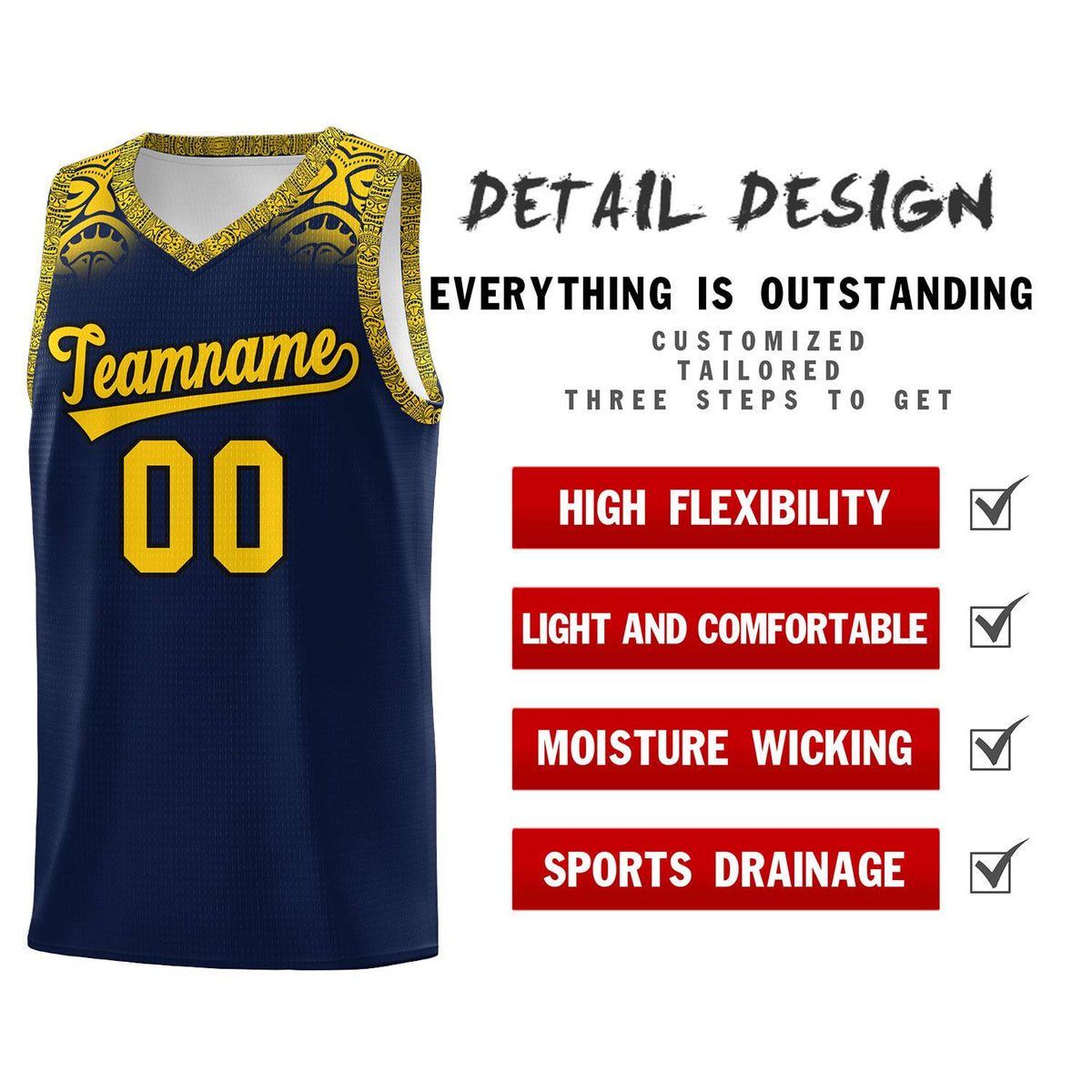 Custom Navy Gold Personalized Indians Print Sets Sports Uniform Basketball Jersey