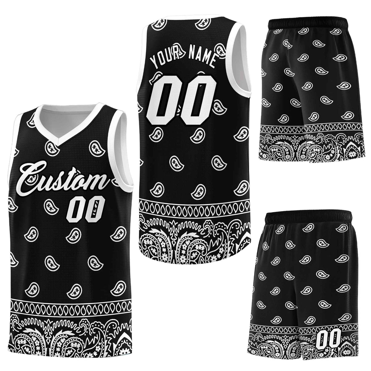 Custom Black White Personalized Cashew Pattern Sports Uniform Basketball Jersey