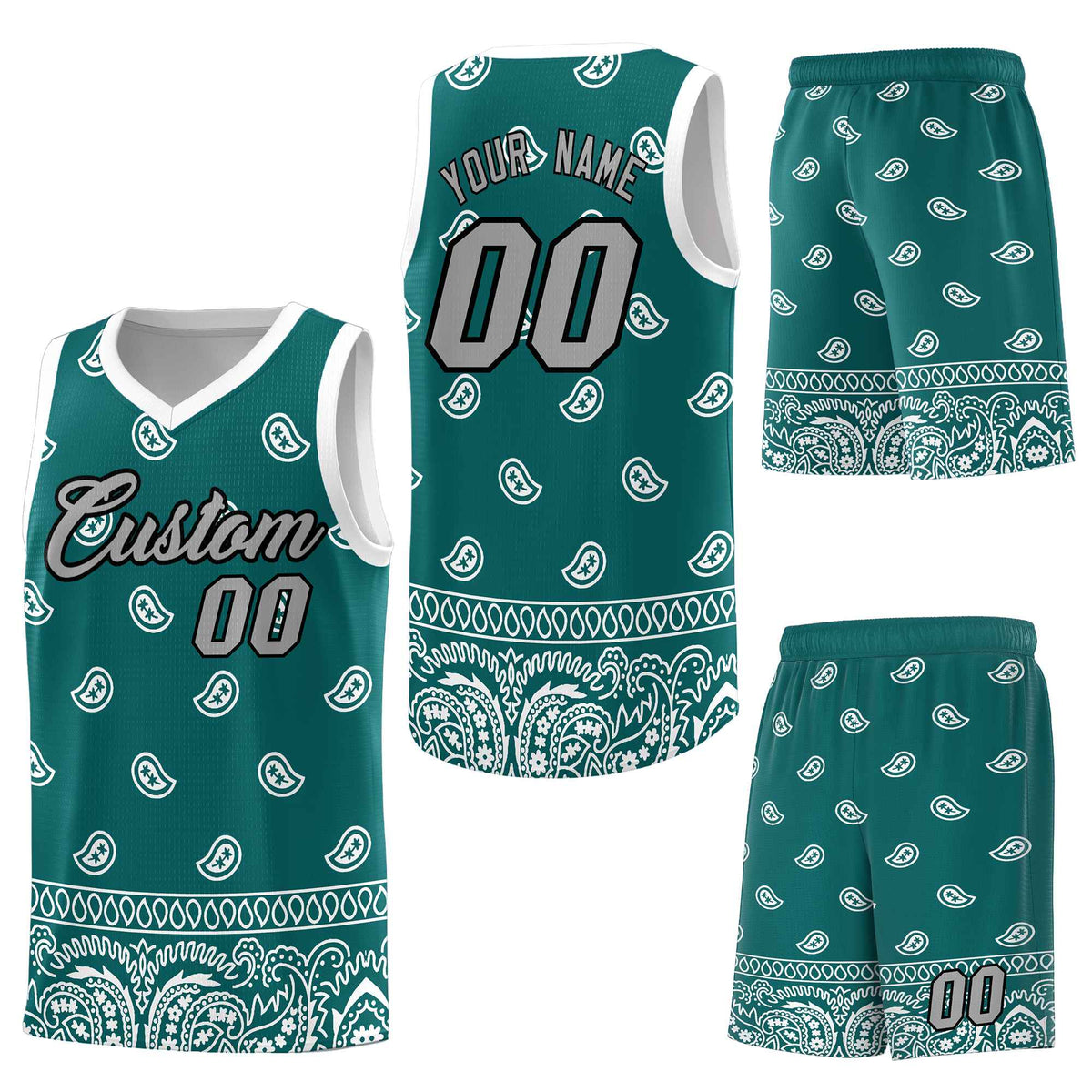 Custom Aqua White Personalized Cashew Pattern Sports Uniform Basketball Jersey