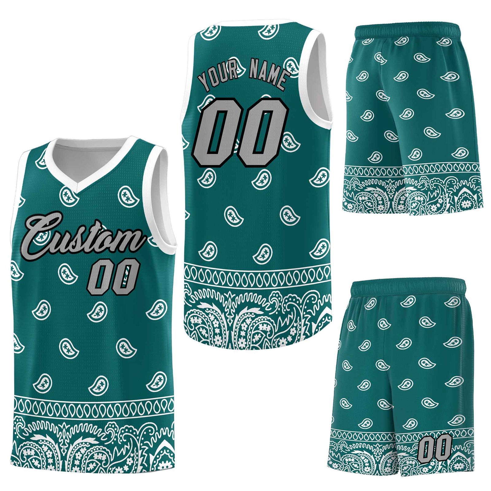 Custom Aqua White Personalized Cashew Pattern Sports Uniform Basketball Jersey