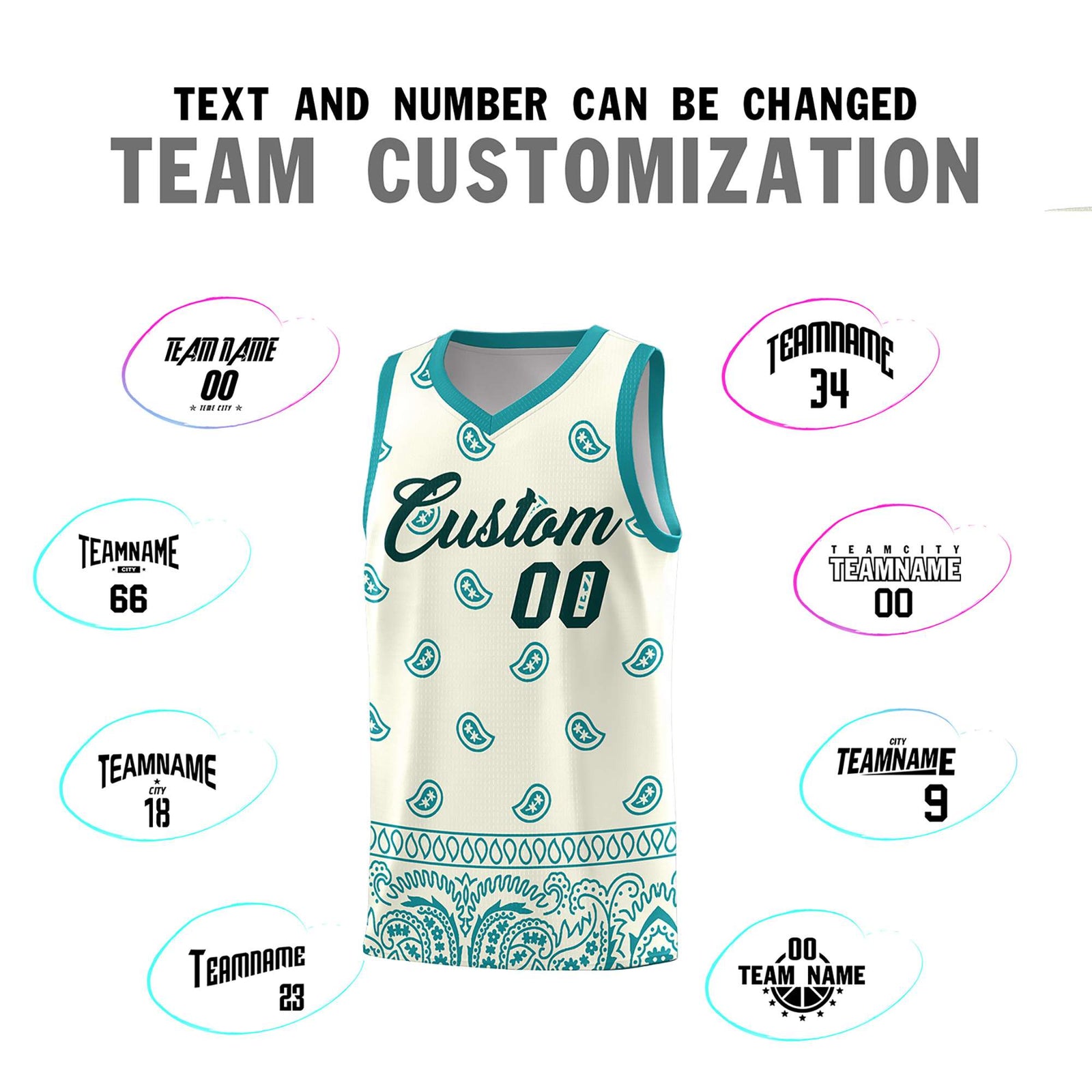 Custom White Aqua Personalized Cashew Pattern Sports Uniform Basketball Jersey