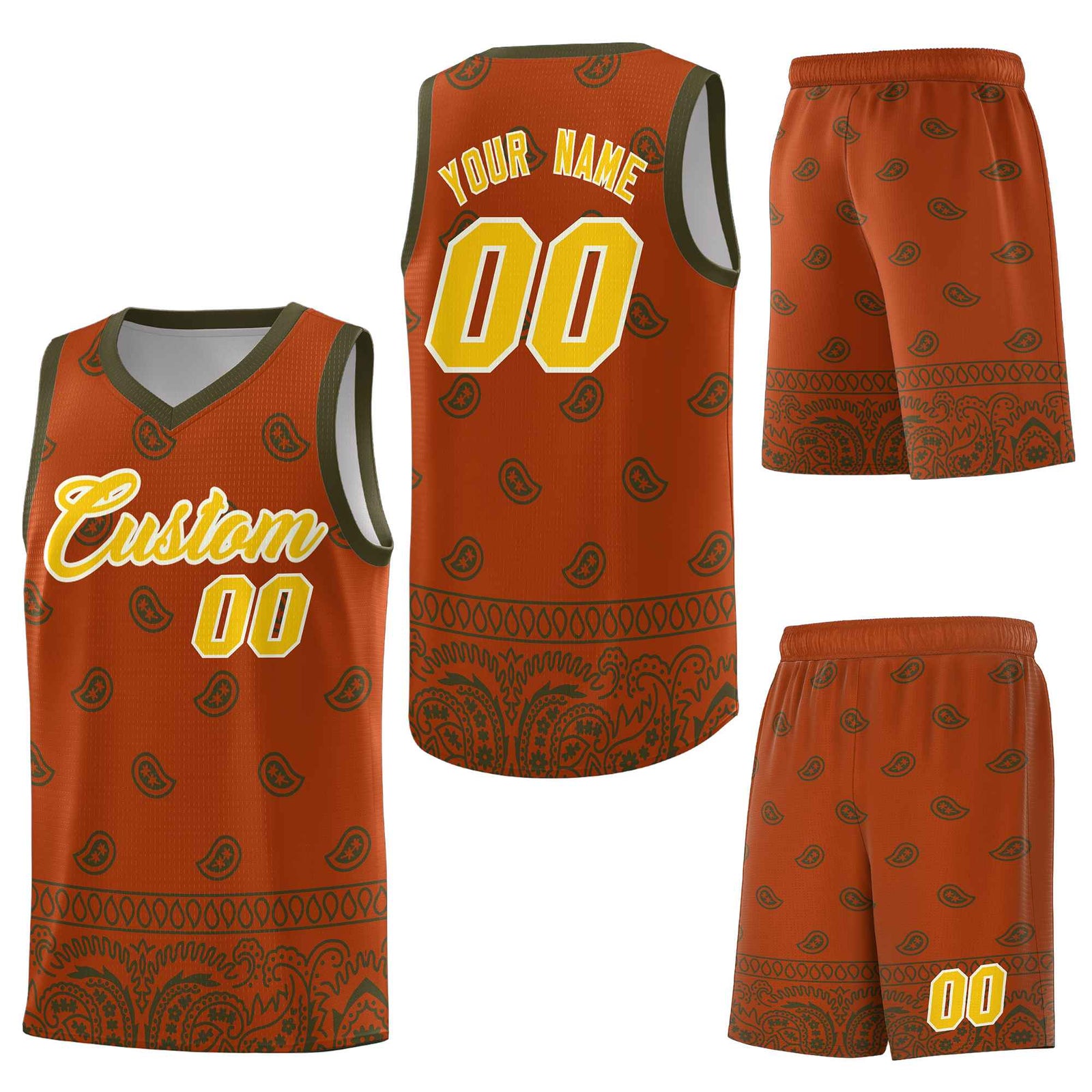 Custom Texas Orange Olive Personalized Cashew Pattern Sports Uniform Basketball Jersey