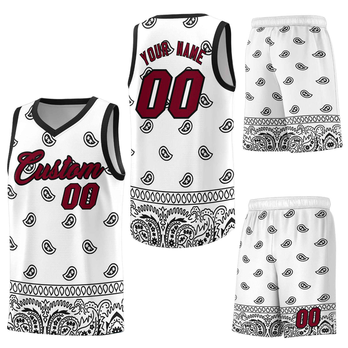 Custom White Black Personalized Cashew Pattern Sports Uniform Basketball Jersey