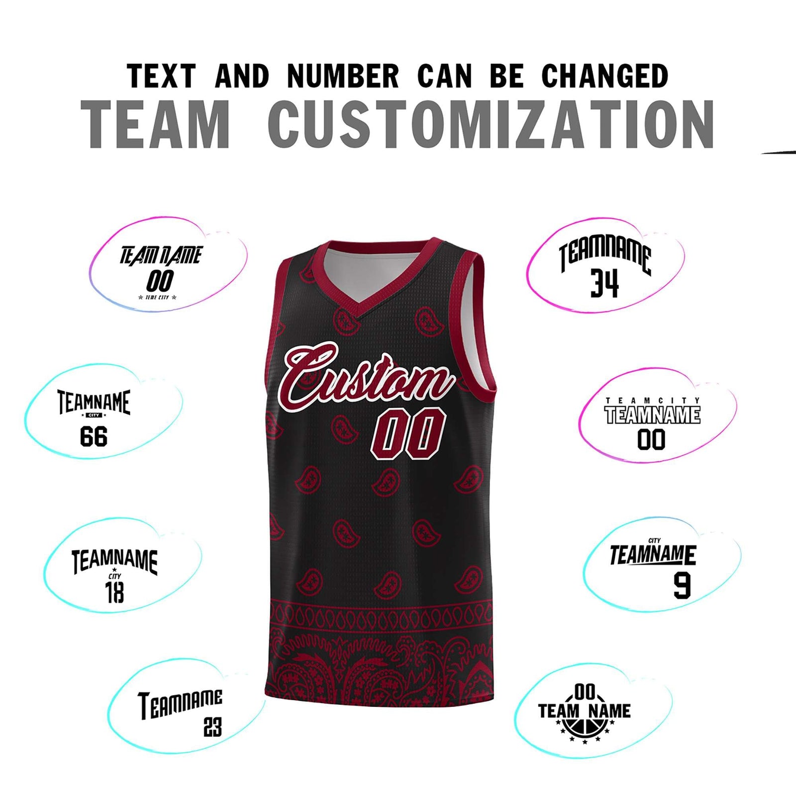 Custom Black Crimson Personalized Cashew Pattern Sports Uniform Basketball Jersey