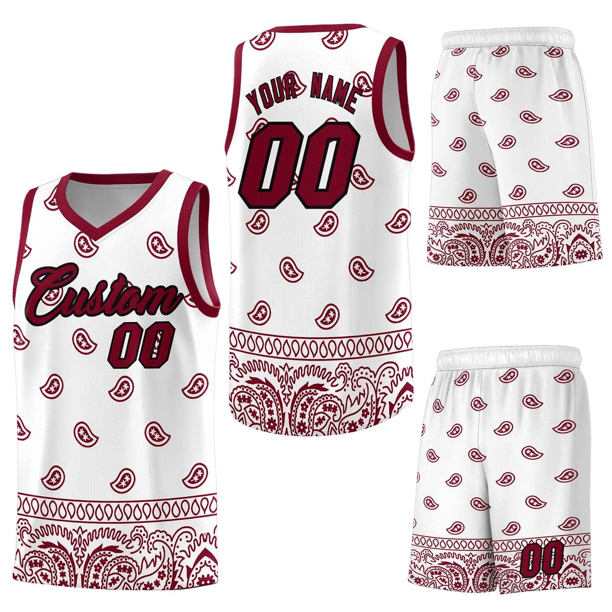Custom White Crimson Personalized Cashew Pattern Sports Uniform Basketball Jersey