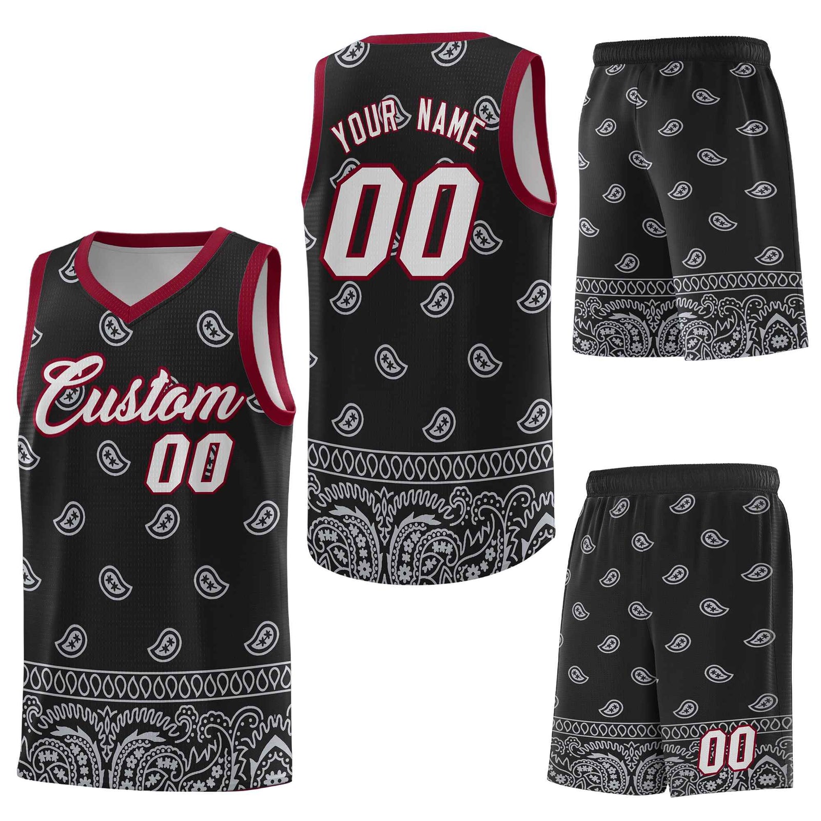Custom Black Gray Personalized Cashew Pattern Sports Uniform Basketball Jersey
