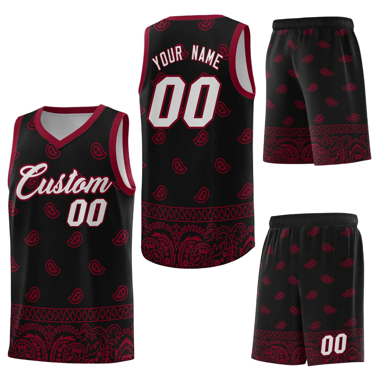 Custom Black Crimson Personalized Cashew Pattern Sports Uniform Basketball Jersey