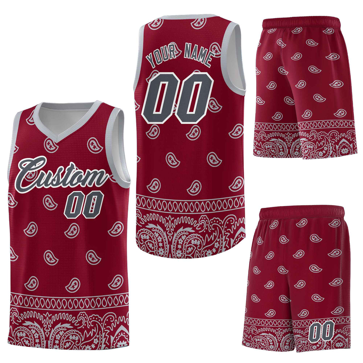 Custom Crimson Gray Personalized Cashew Pattern Sports Uniform Basketball Jersey