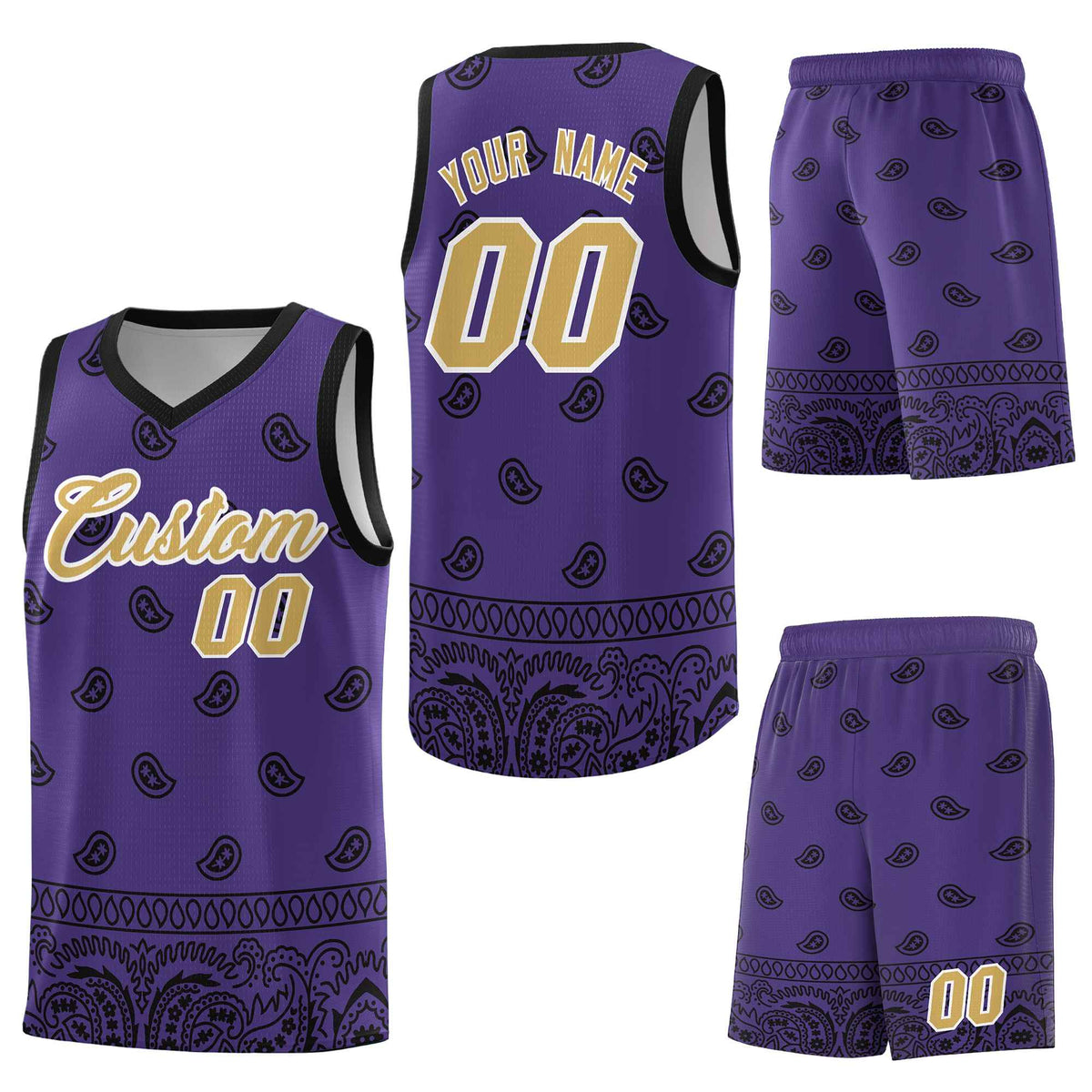 Custom Purple Black Personalized Cashew Pattern Sports Uniform Basketball Jersey