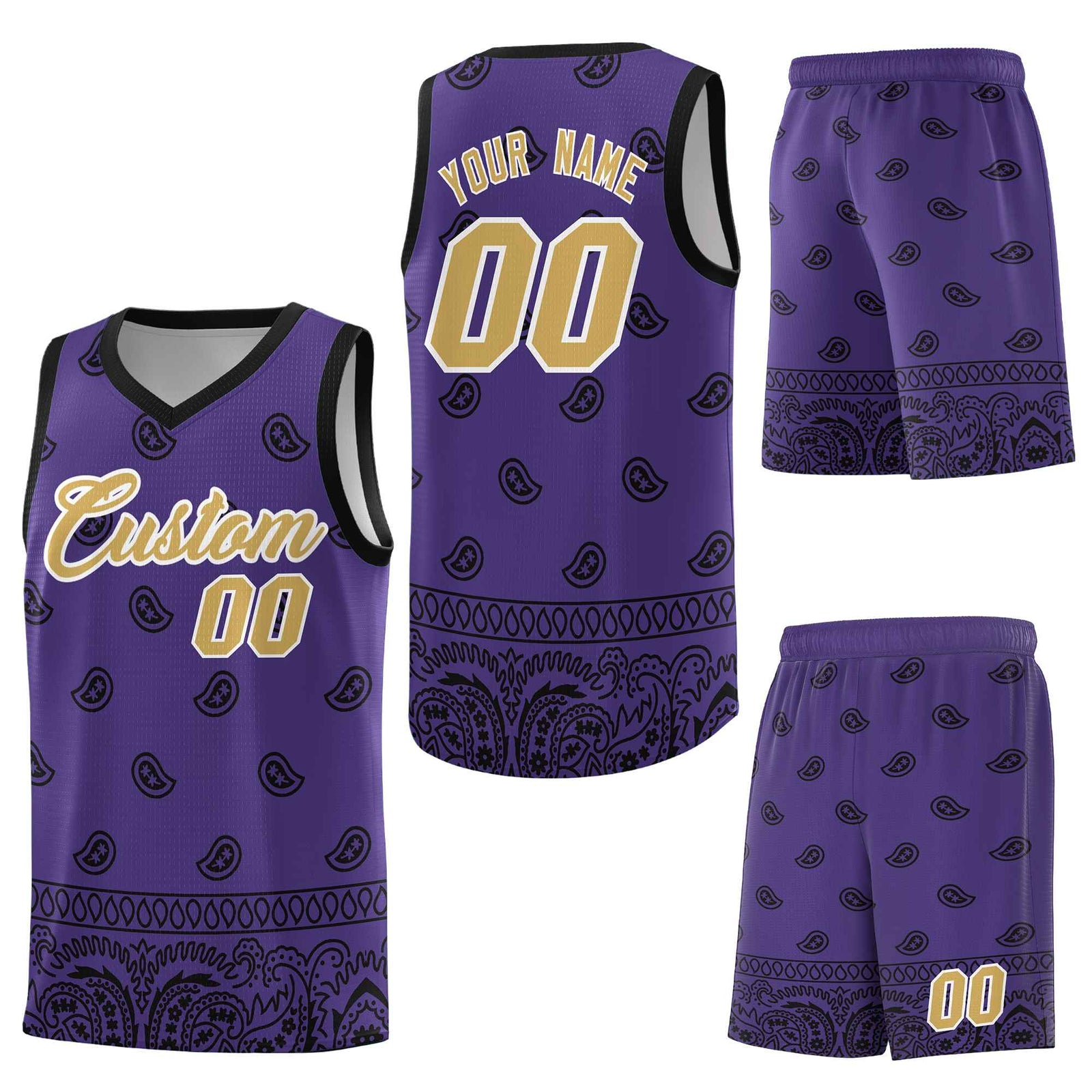 Custom Purple Black Personalized Cashew Pattern Sports Uniform Basketball Jersey
