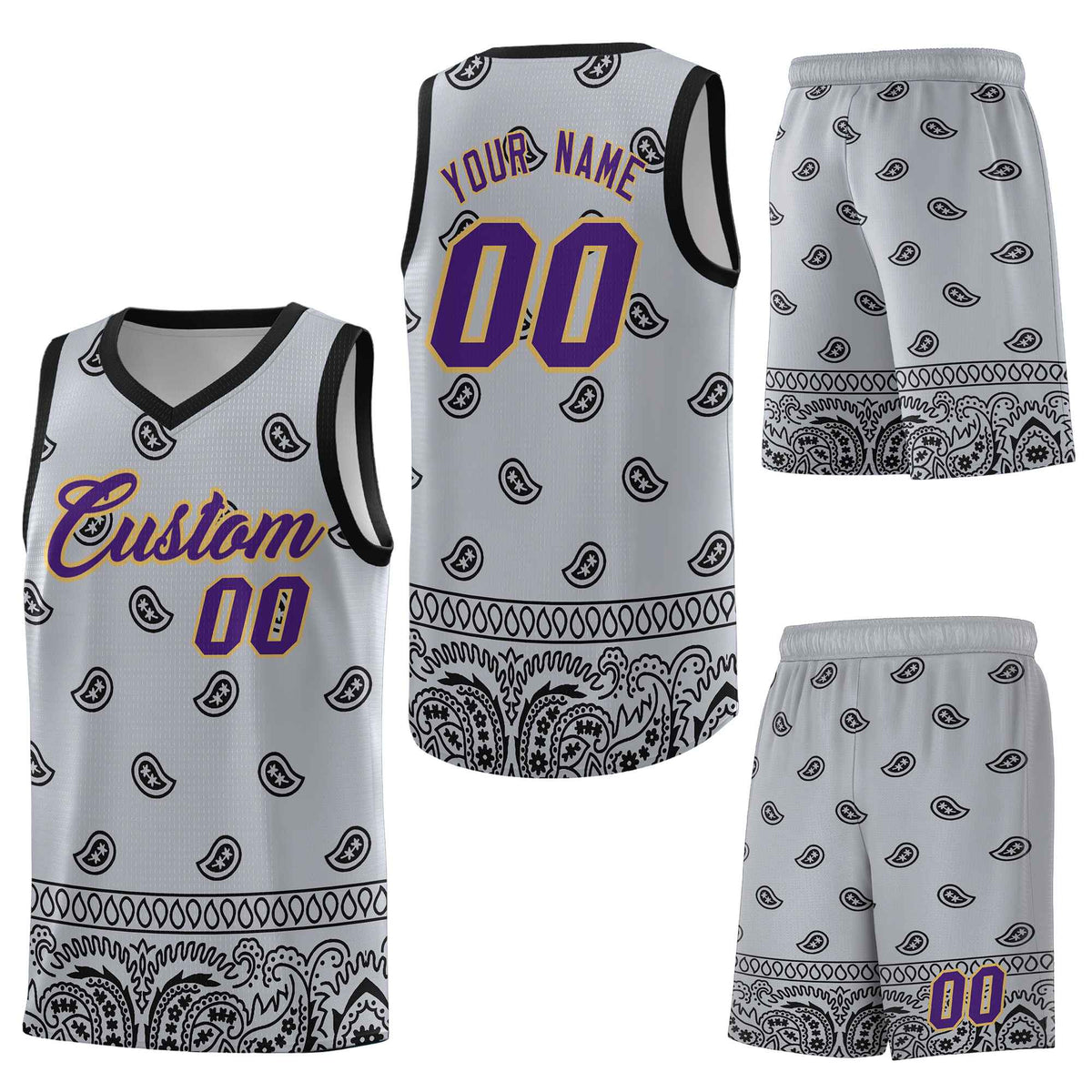 Custom Gray Black Personalized Cashew Pattern Sports Uniform Basketball Jersey
