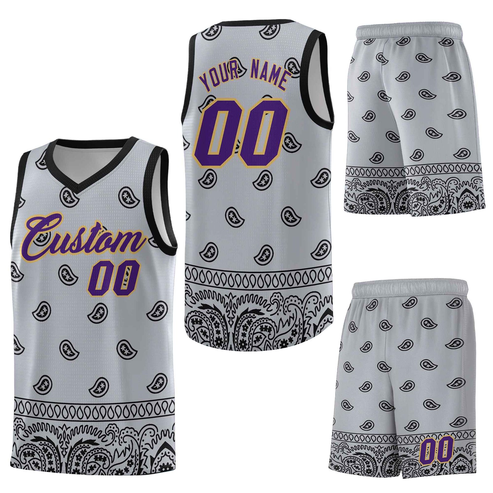 Custom Gray Black Personalized Cashew Pattern Sports Uniform Basketball Jersey