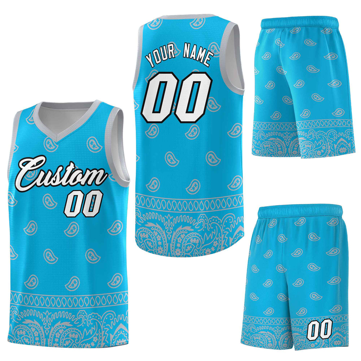 Custom Sky Blue Gray Personalized Cashew Pattern Sports Uniform Basketball Jersey